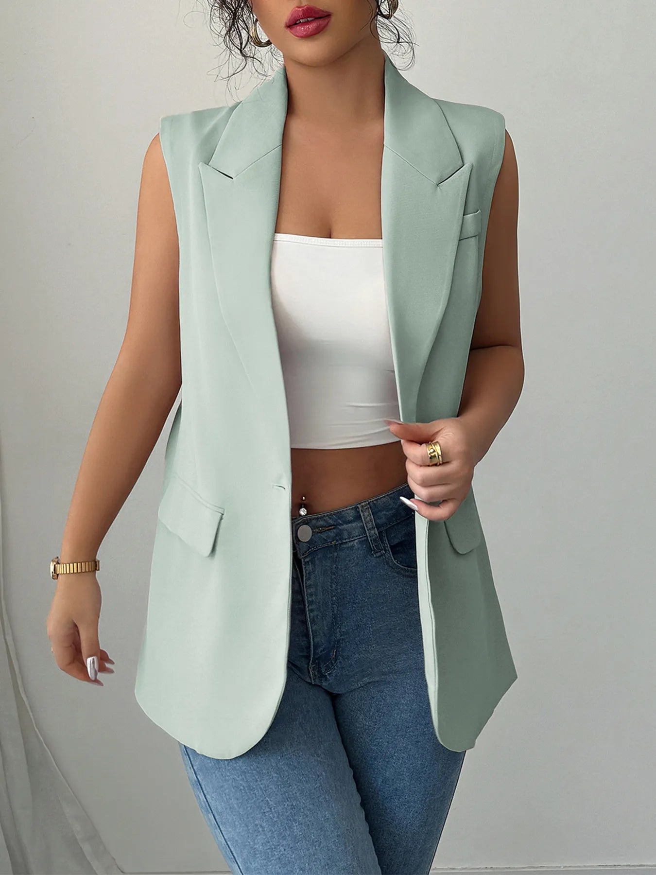 One Button V-Neck Blazer Vest Coat