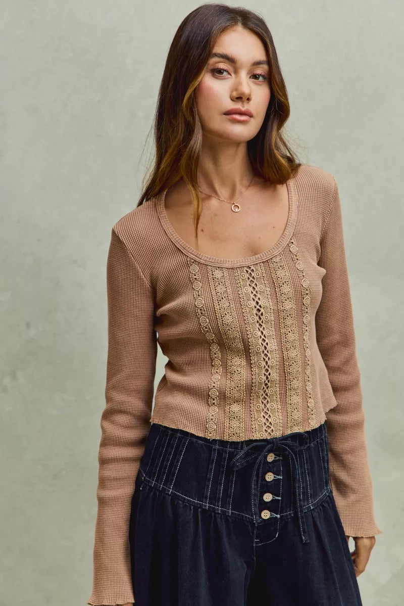 SO ME Vintage Washed Lace Crop Thermal Washed Knit Top