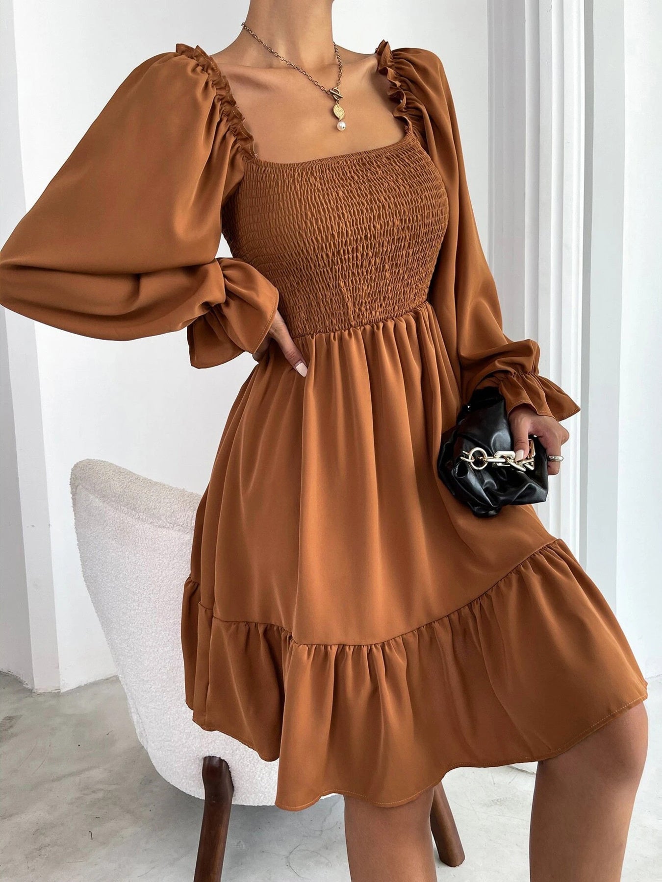 Smocked Flounce Sleeve Mini Dress