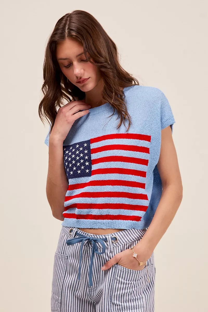 SO ME Fourth Of July American Flag Boxy Fit Sweater Top