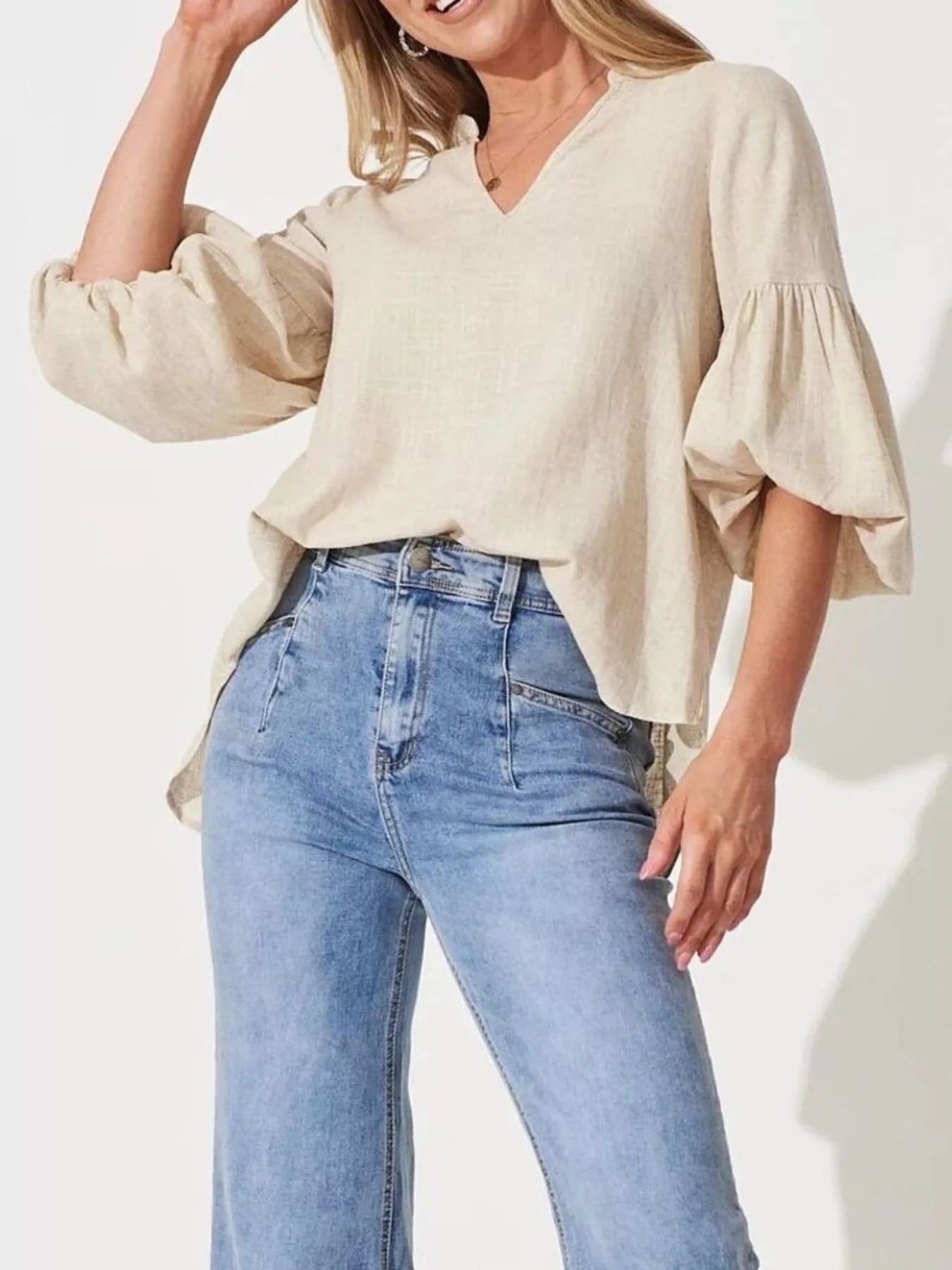 Notched Balloon Sleeve Blouse