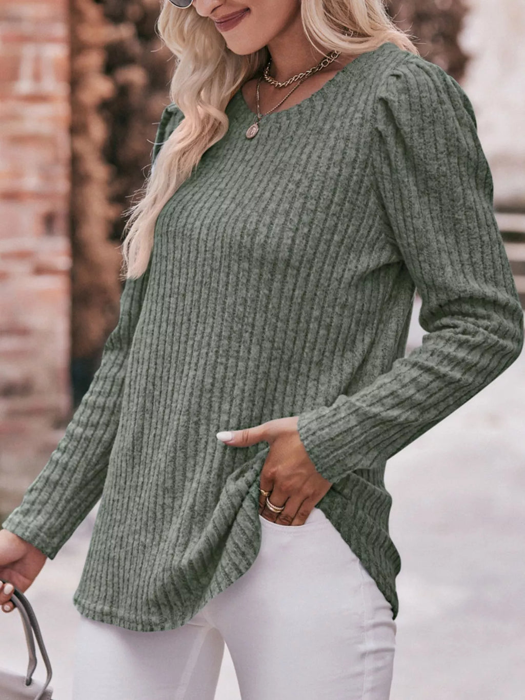 Ribbed Knit Puff Sleeve T-Shirt