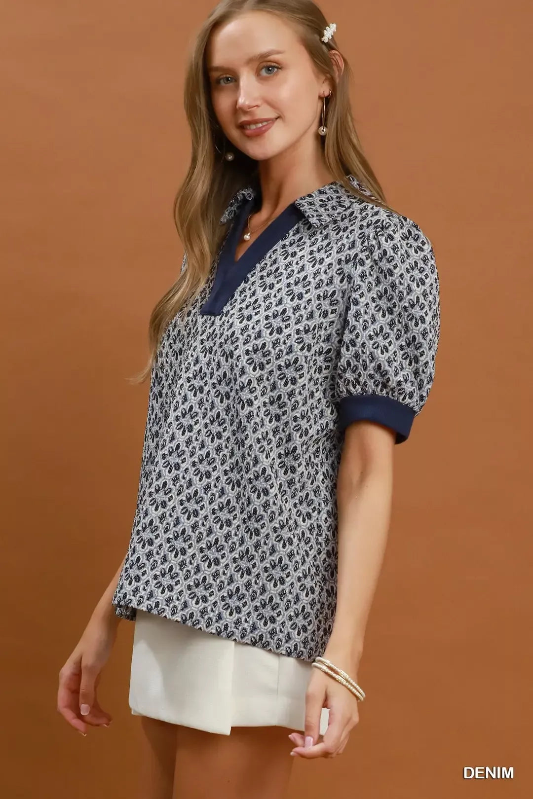 Umgee Printed Collared Puff Sleeve Top