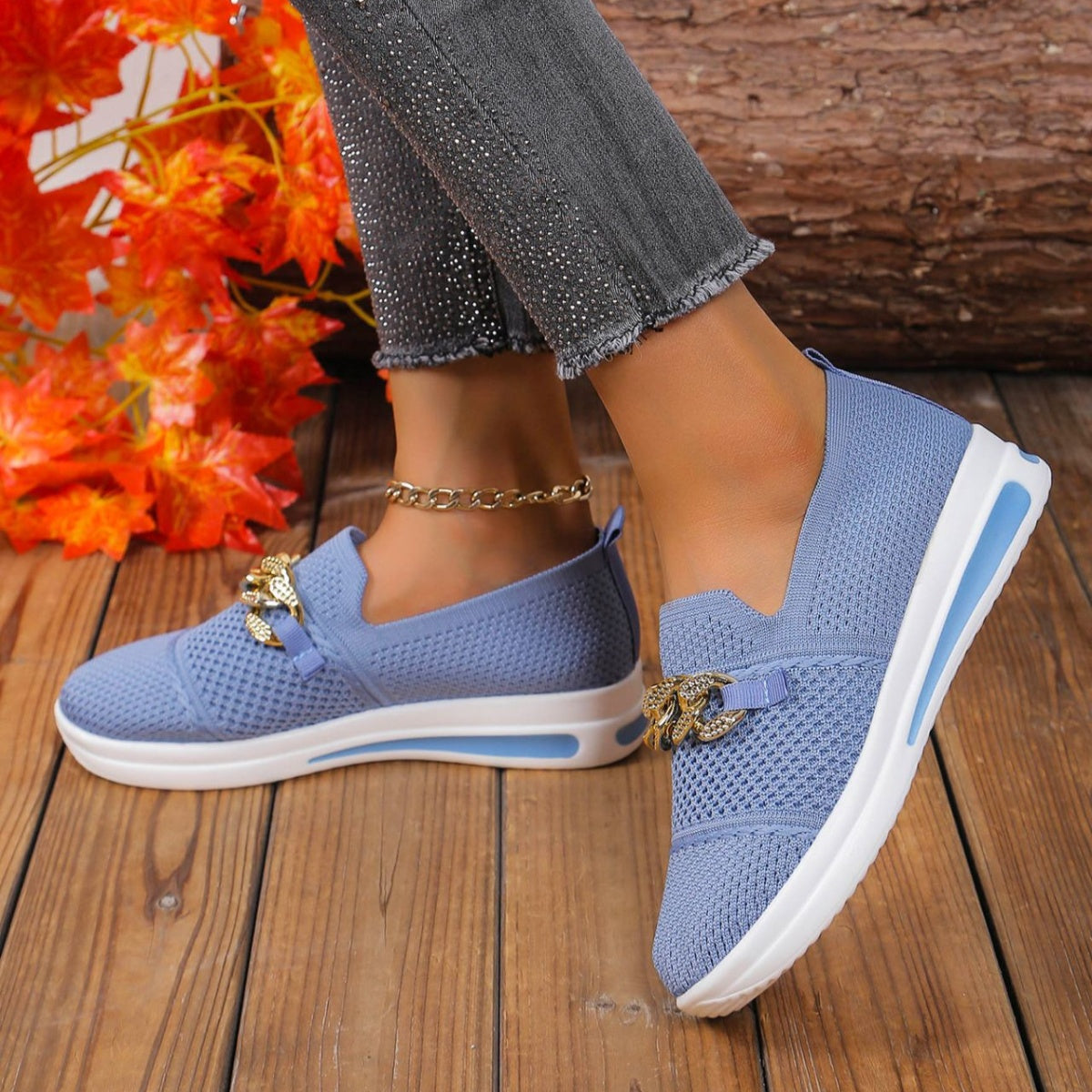 Chain Detail Round Toe Slip-Ons