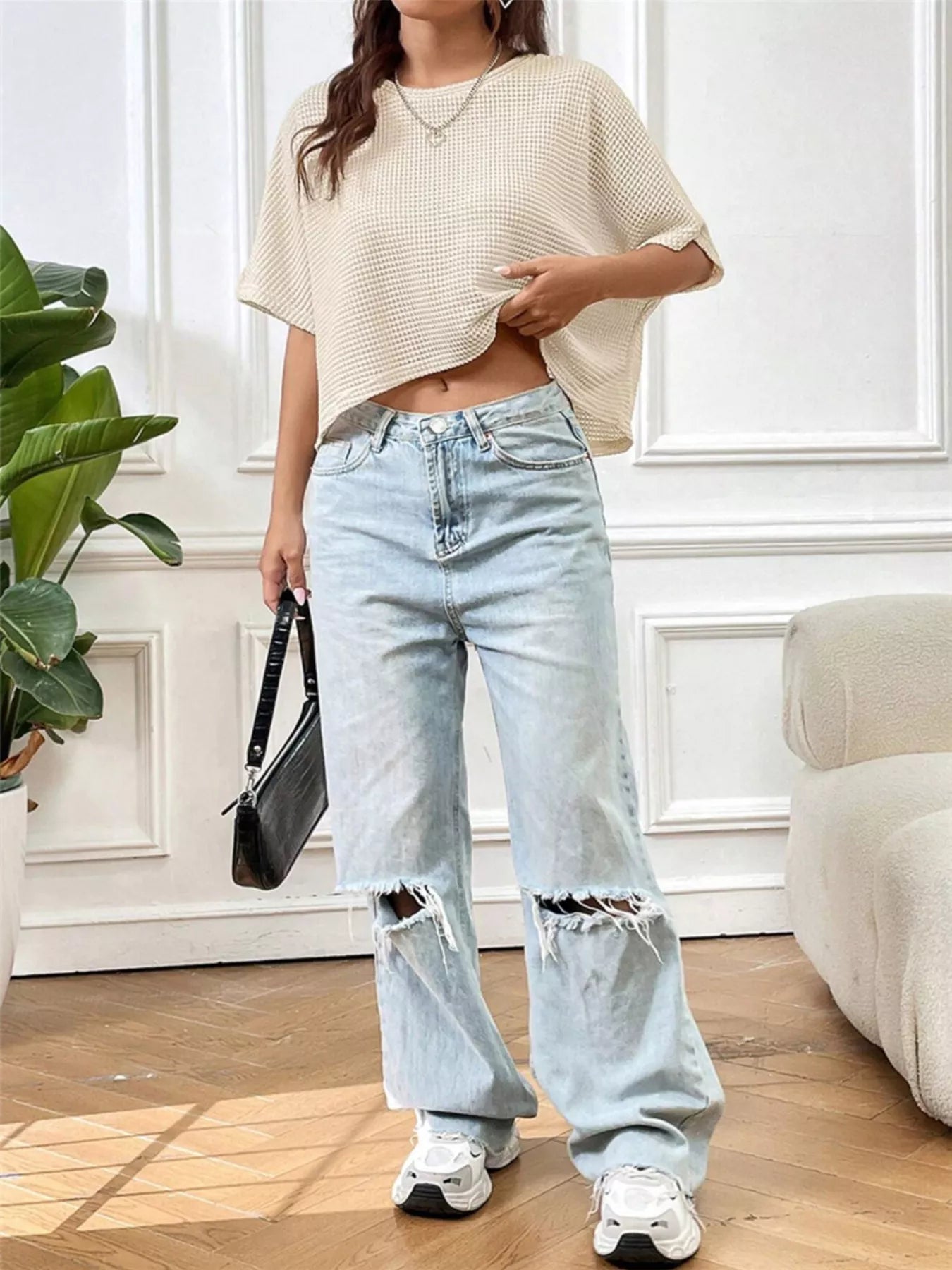 Waffle Knit Cropped T-Shirt