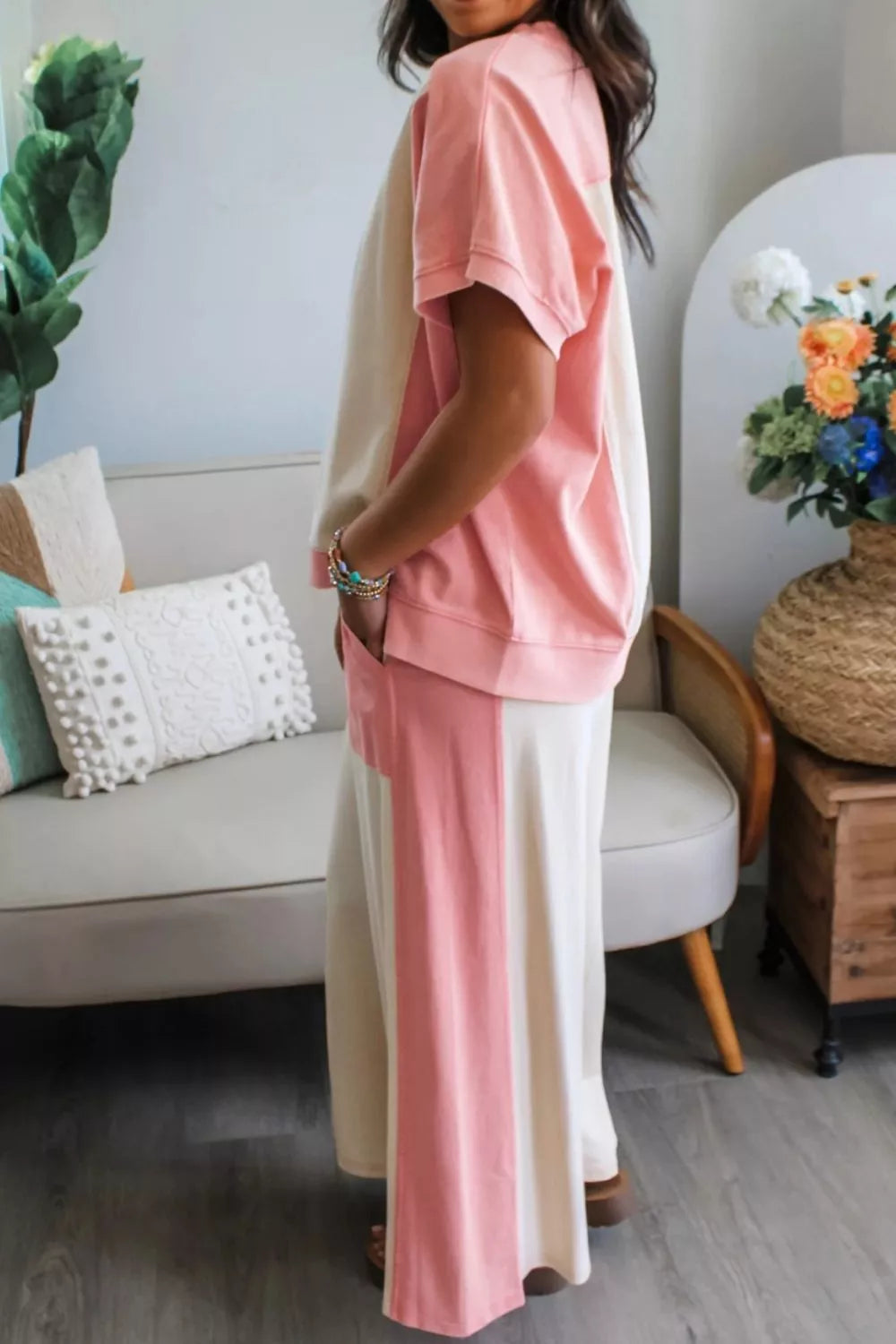 Two-tone Color Block Patchwork Tee Drawstring Loose Pant Set