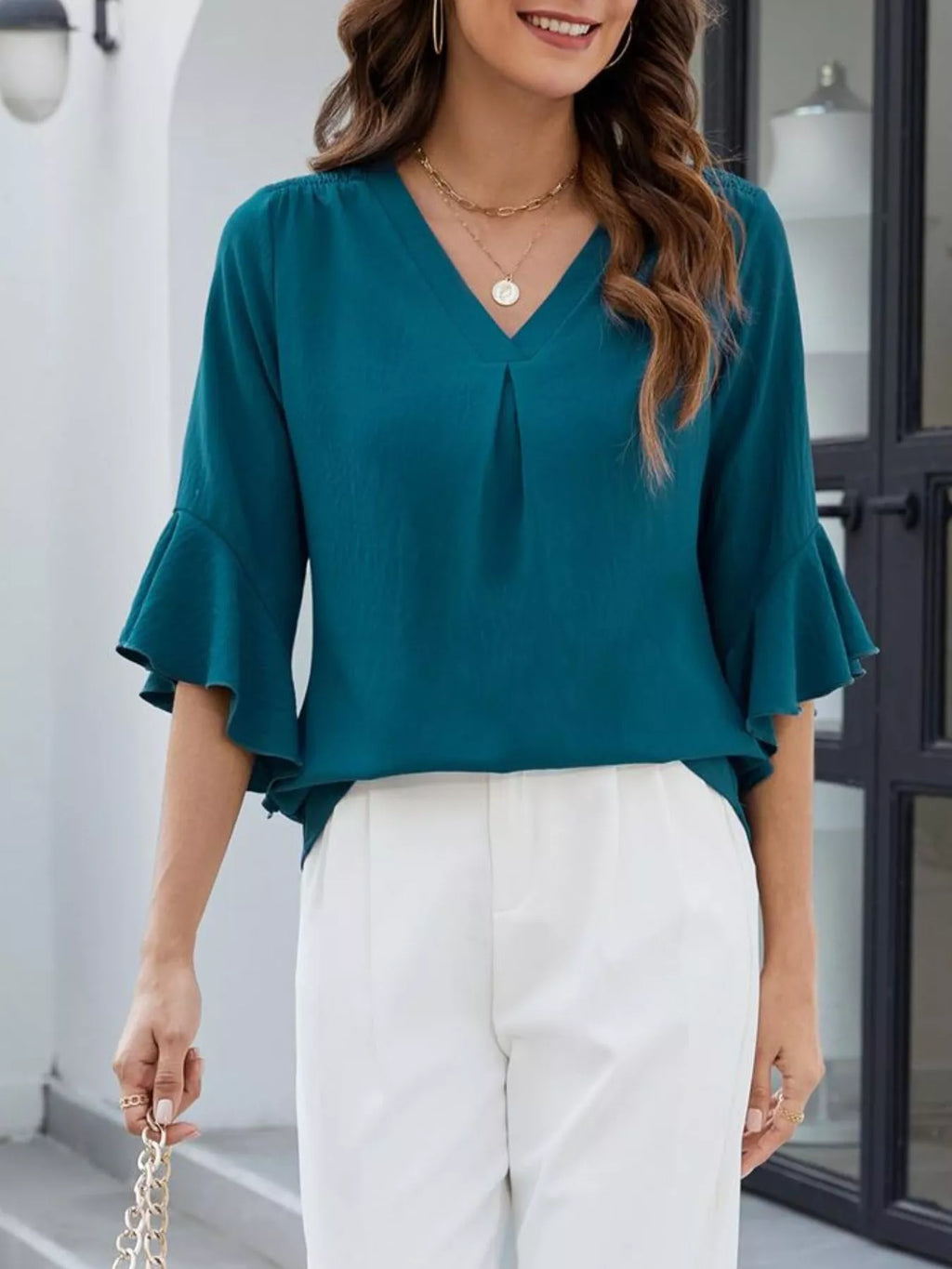 V-Neck Ruffle Sleeve Blouse