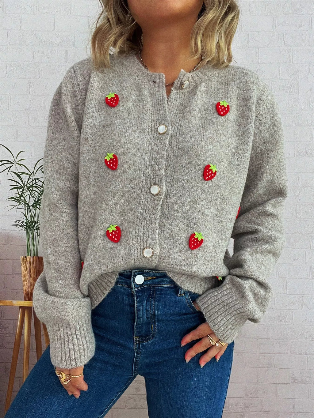 Strawberry Button Up Long Sleeve Cardigan