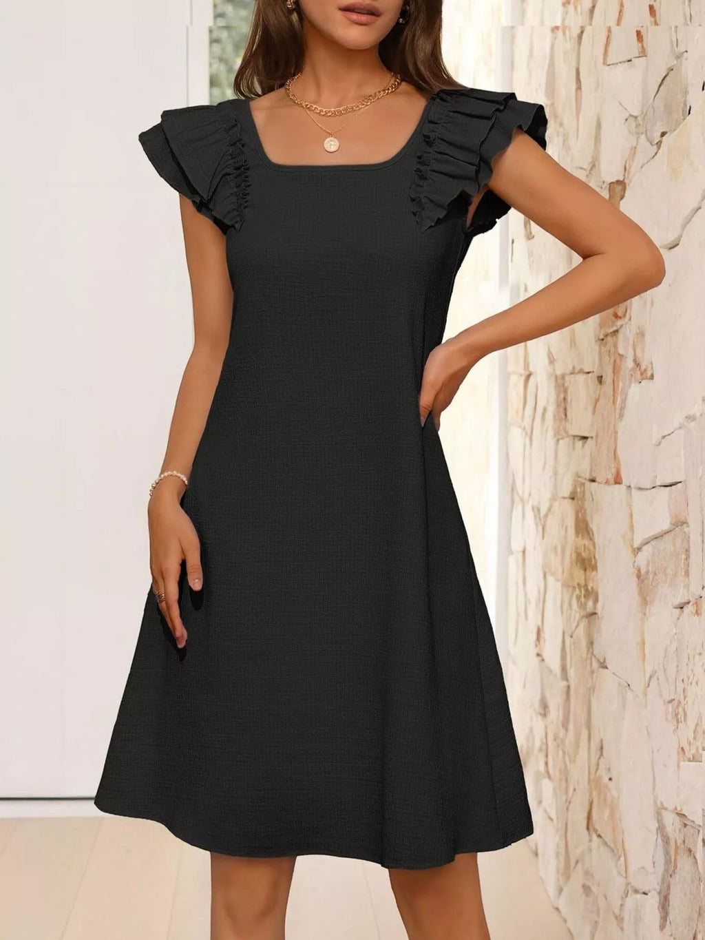 Ruffled Sleeve Square Neck Casual Dress