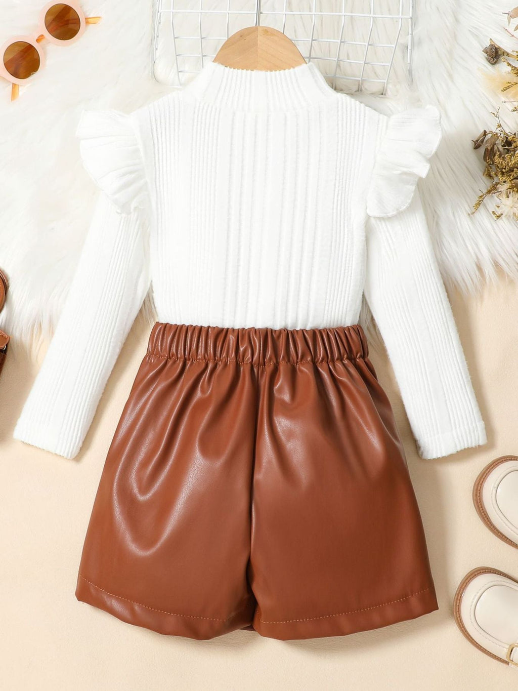 Children's Ribbed Knit Top and Leather Skirt Set