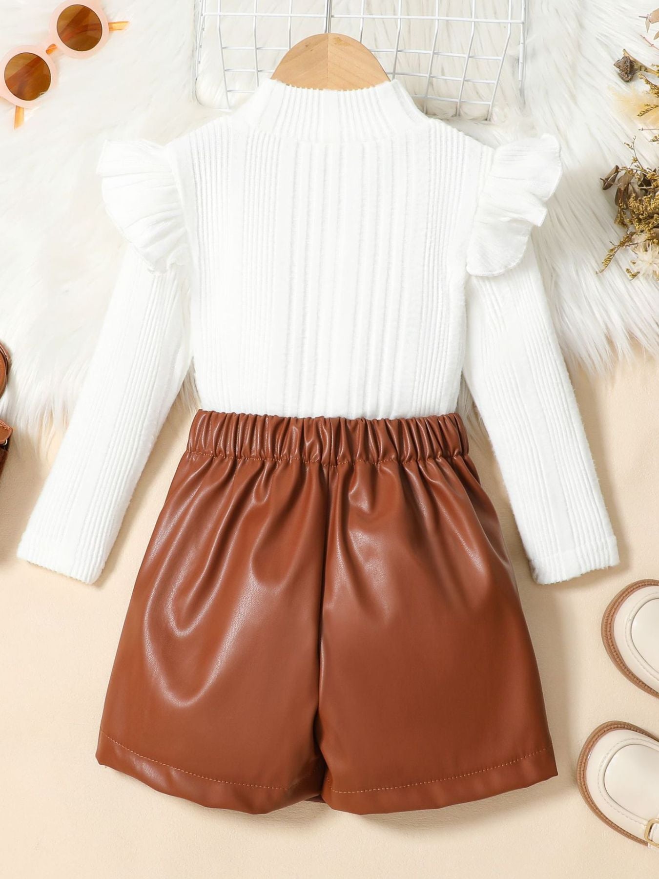 Children's Ribbed Knit Top and Leather Skirt Set