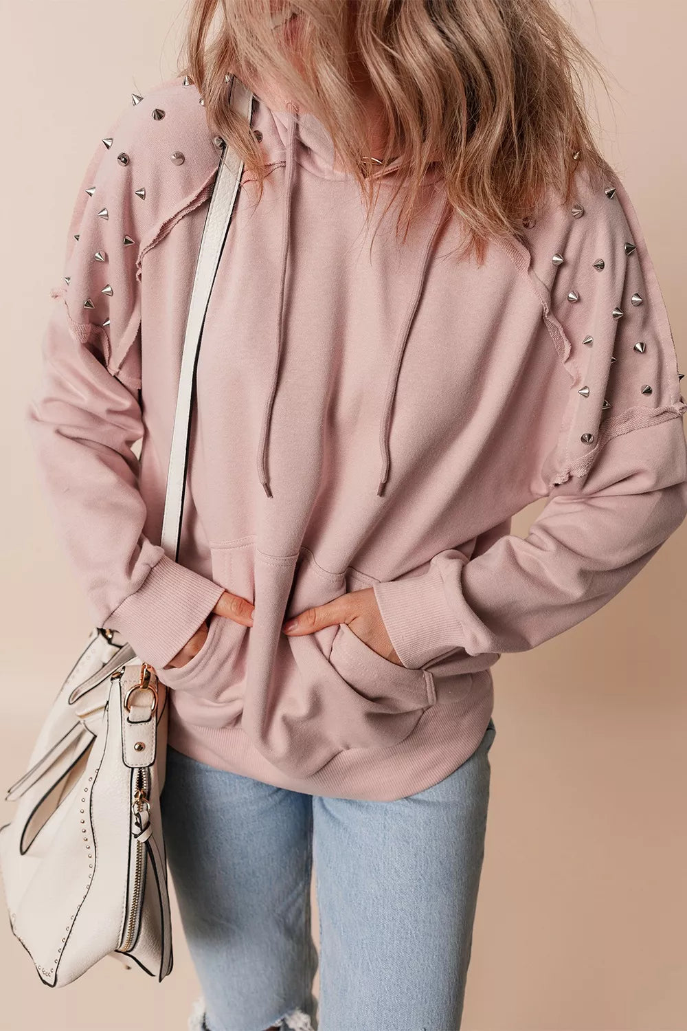 Drawstring Studded Shoulder Hoodie