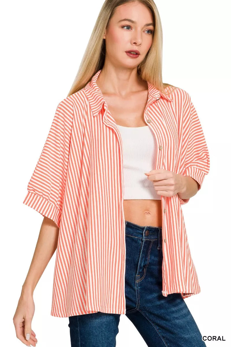 Zenana Oversized Stripe Button Down Shirt