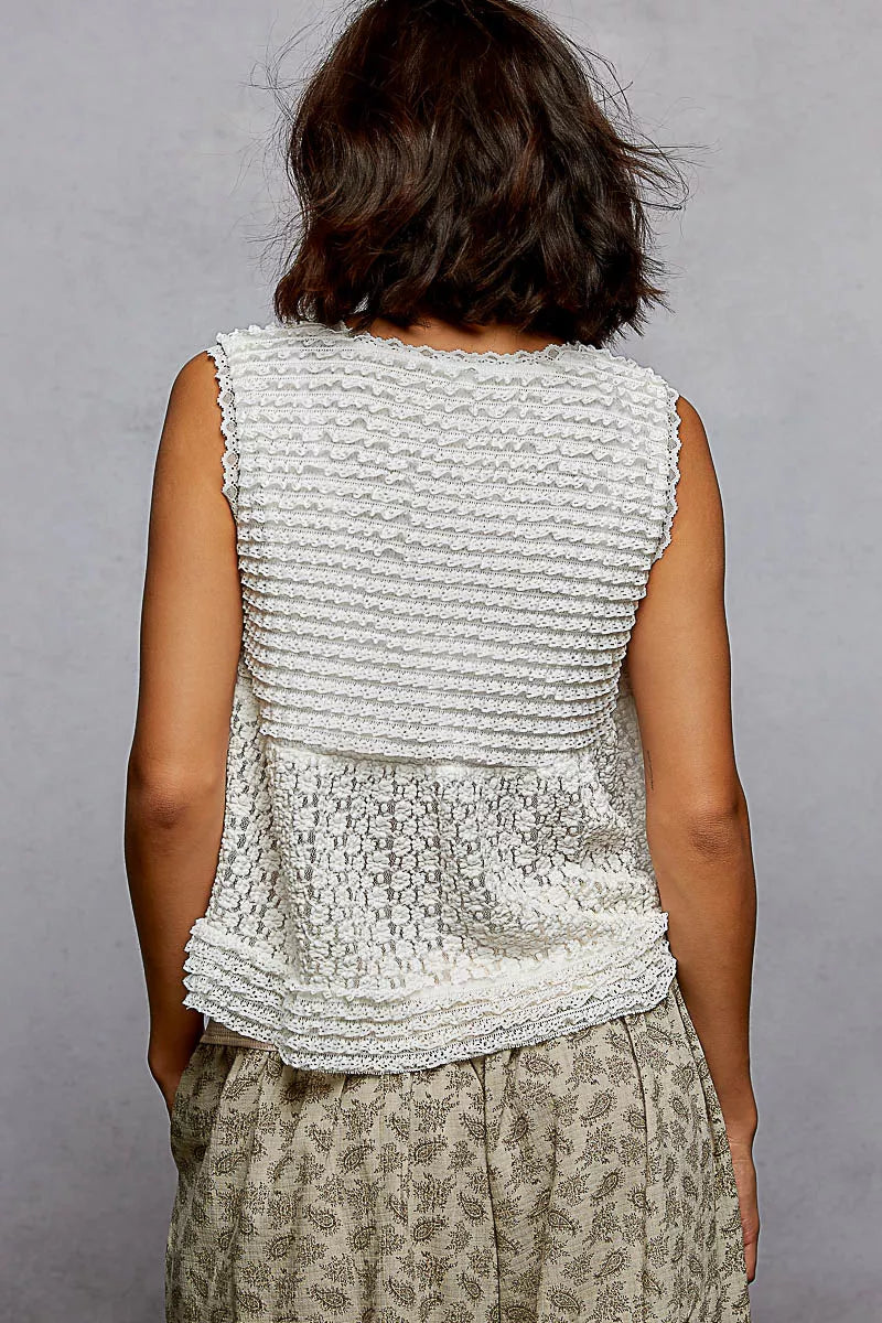 POL Textured Lace Cropped Tank with Trim Detail