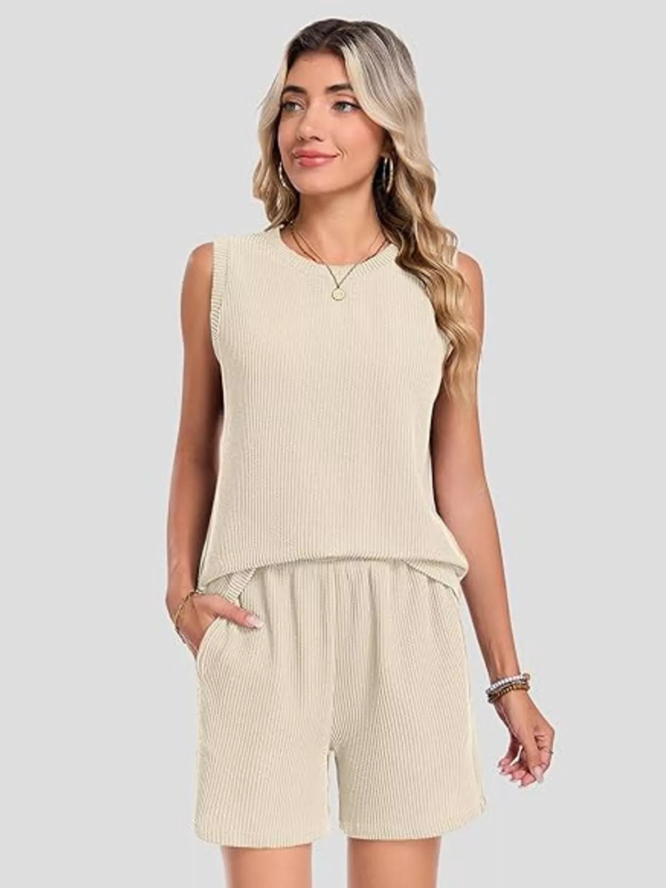 Casual Ribbed Knit Sleeveless Top and Shorts Set