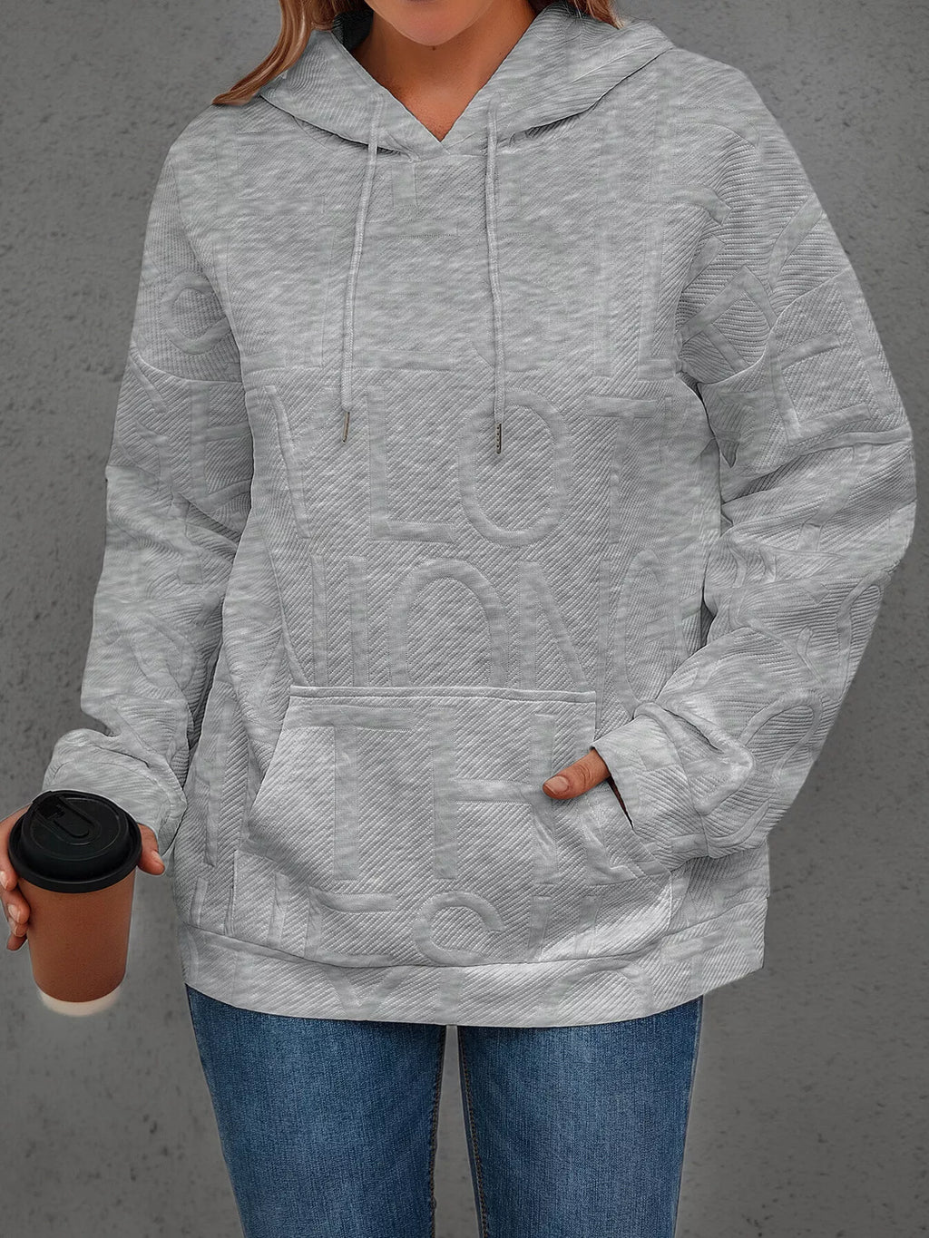 Full Size Textured Embossed Long Sleeve Hoodie Plus Size