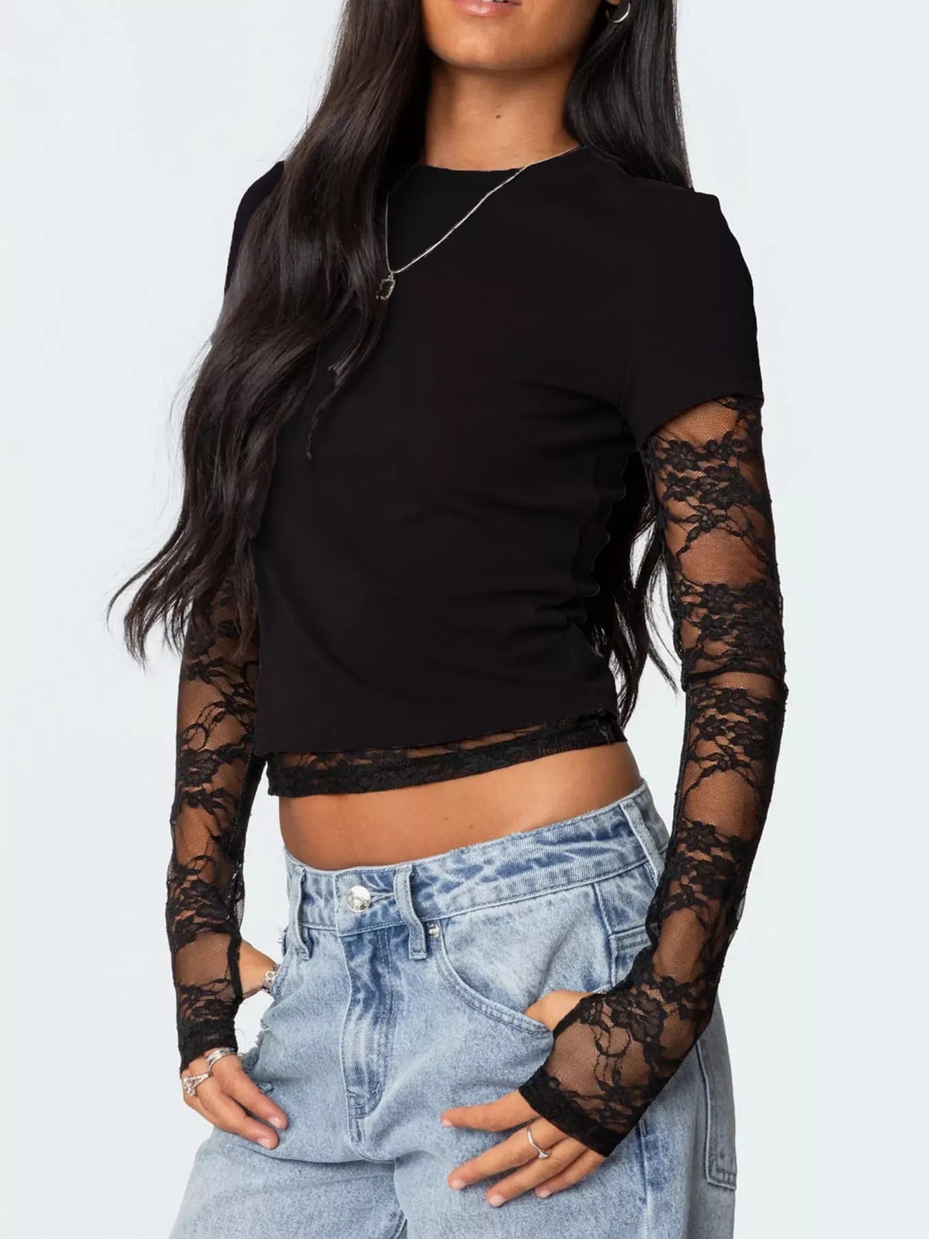 Cropped T-Shirt with Sheer Lace Sleeves