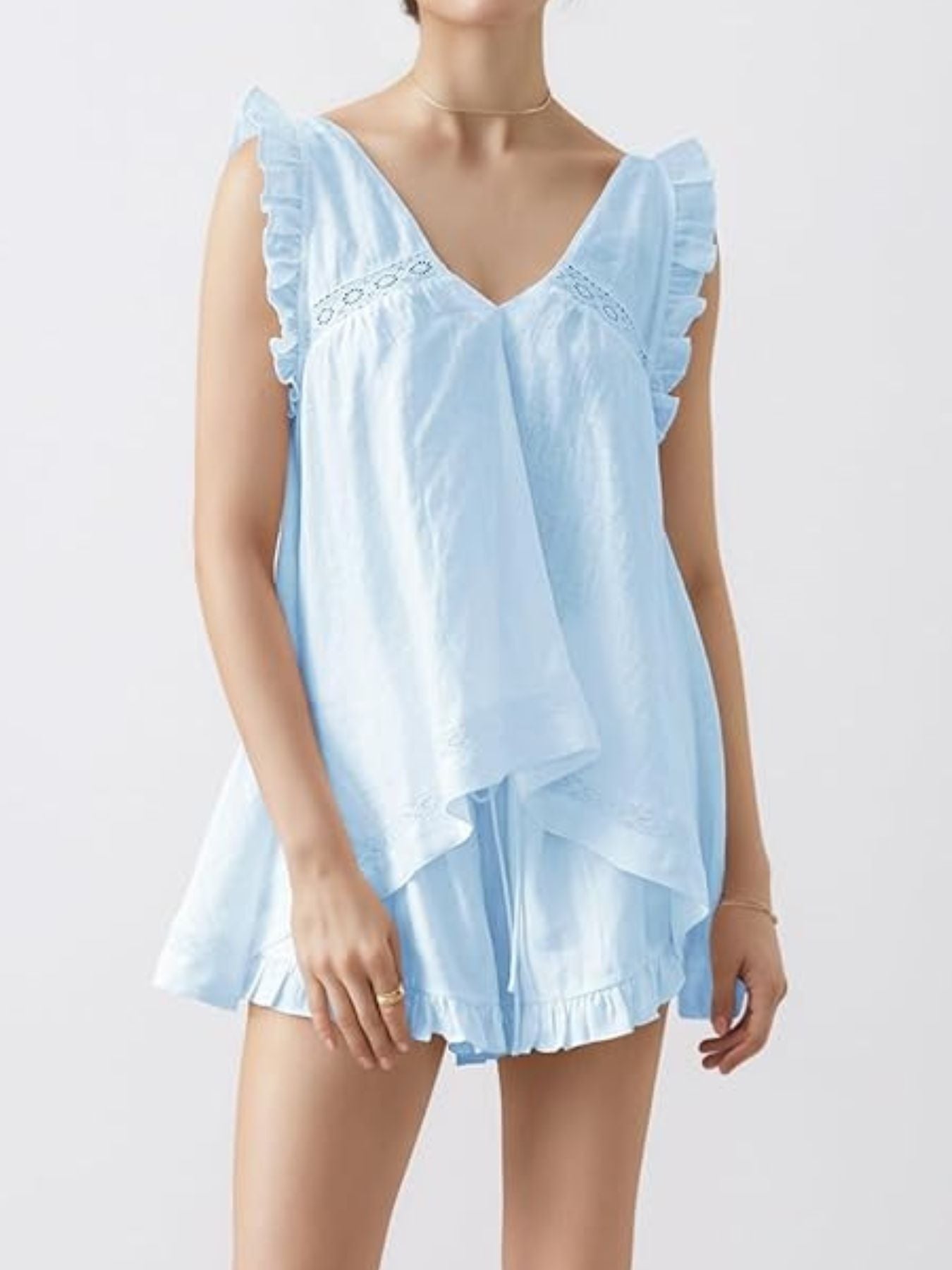 Ruffle Trim V-Neck Top and Shorts Set