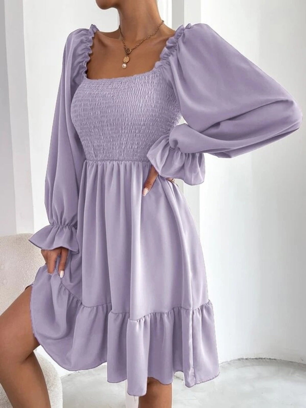Smocked Flounce Sleeve Mini Dress