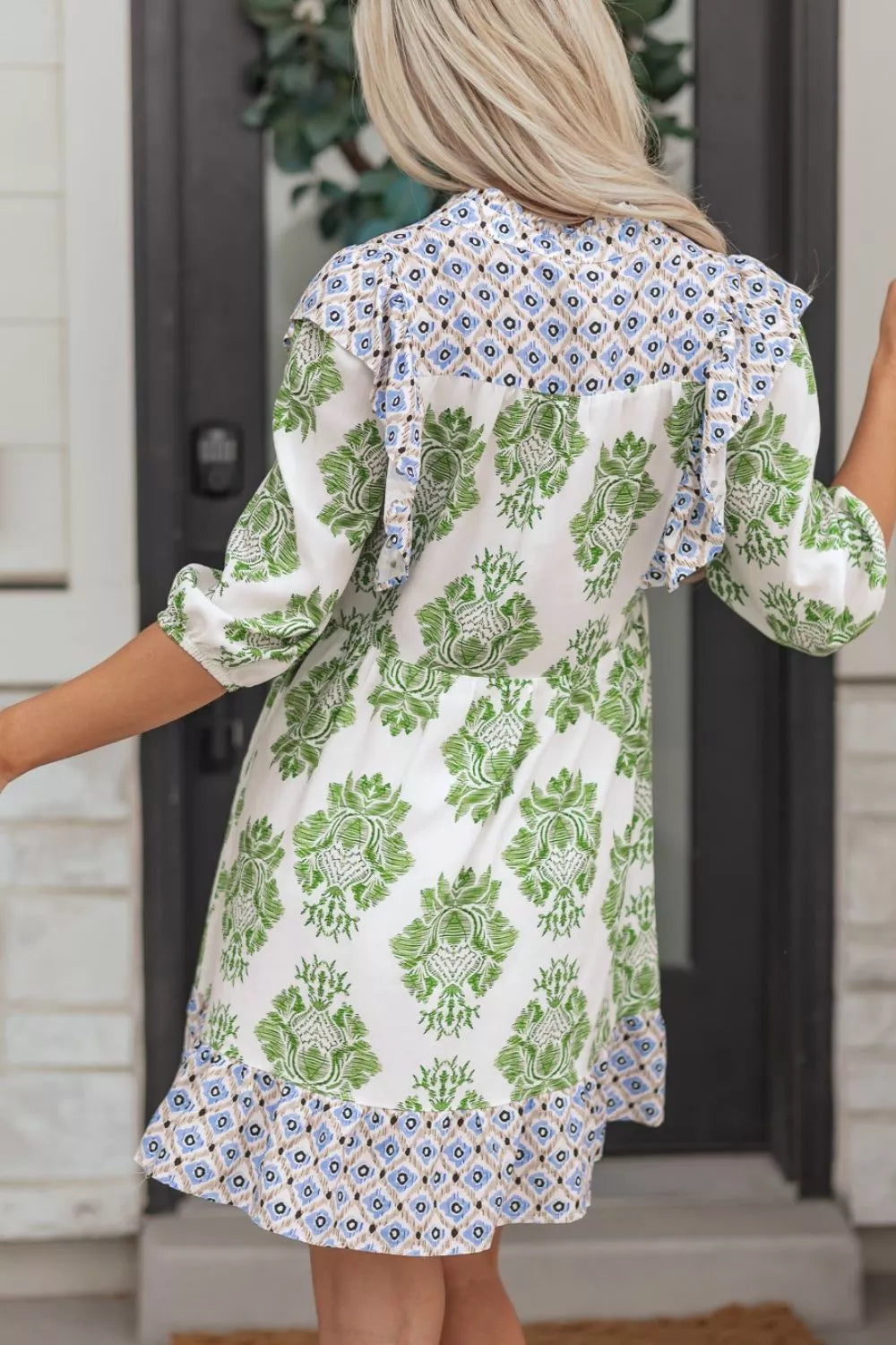 Floral Print Contrast Patchwork Ruffle Detail Mini Dress