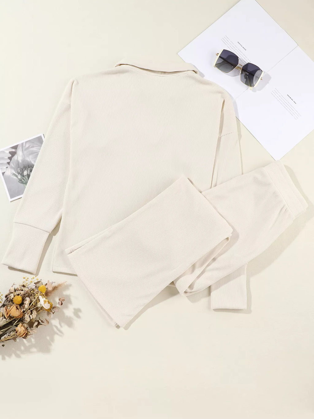 Collared Split Neck Ribbed 2pcs Outfit Set