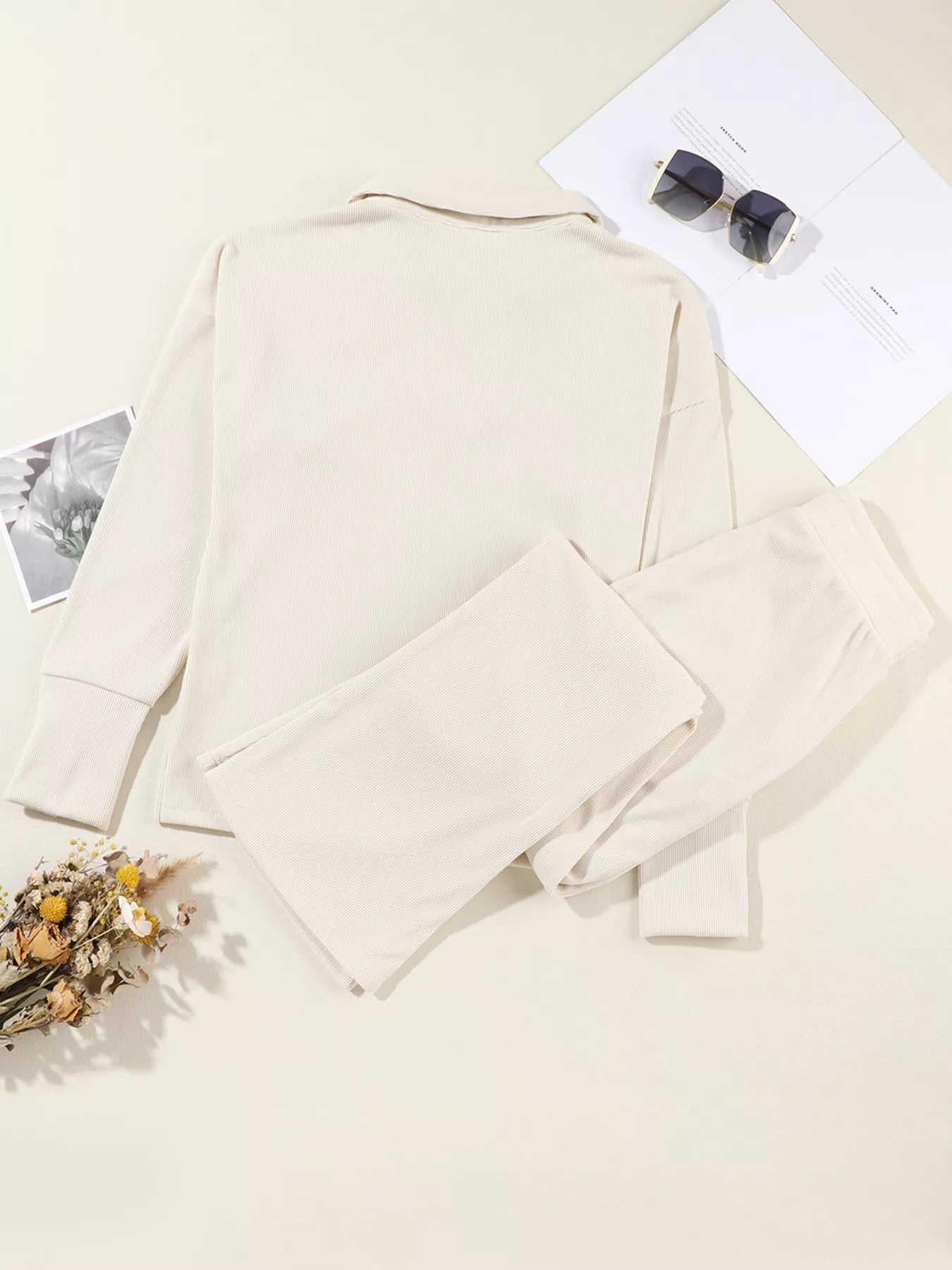 Collared Split Neck Ribbed 2pcs Outfit Set