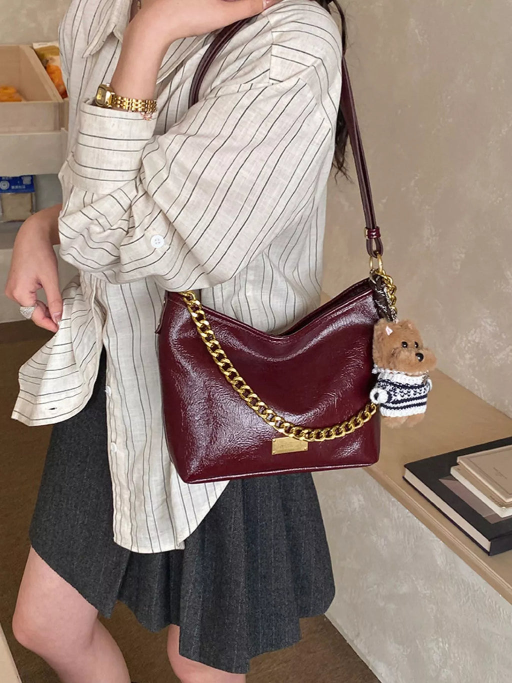 Chain Decor Shoulder Bag with Bear Charm