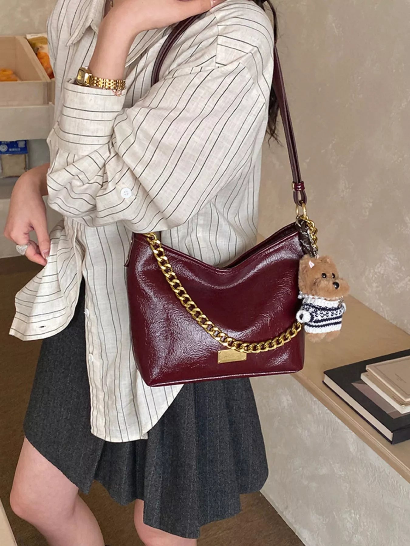 Chain Decor Shoulder Bag with Bear Charm