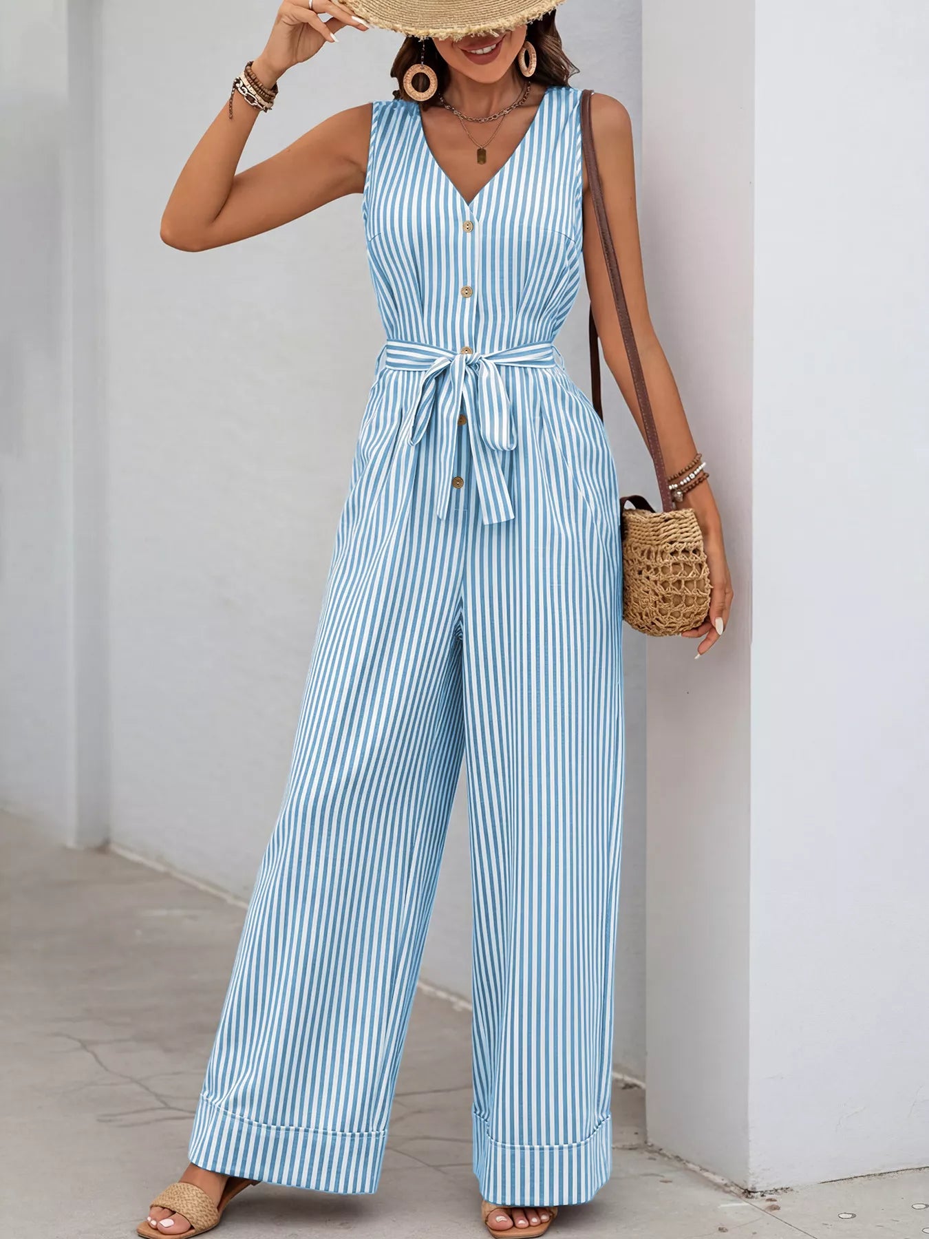 Striped Button-Front Tie Waist Wide Leg Jumpsuit