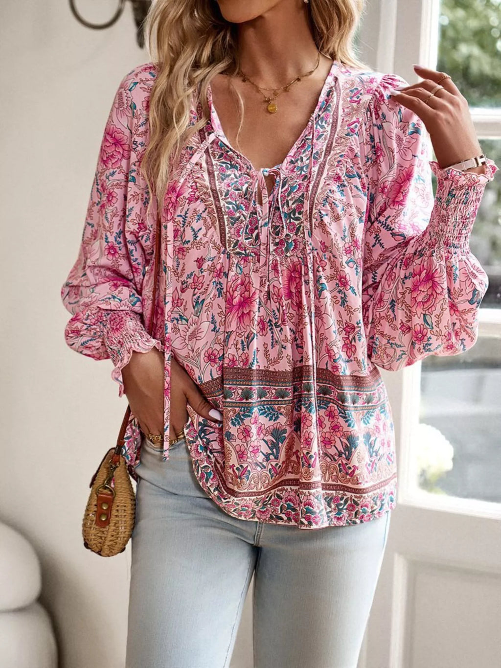 Floral Print Tie Neck Bohemian Blouse
