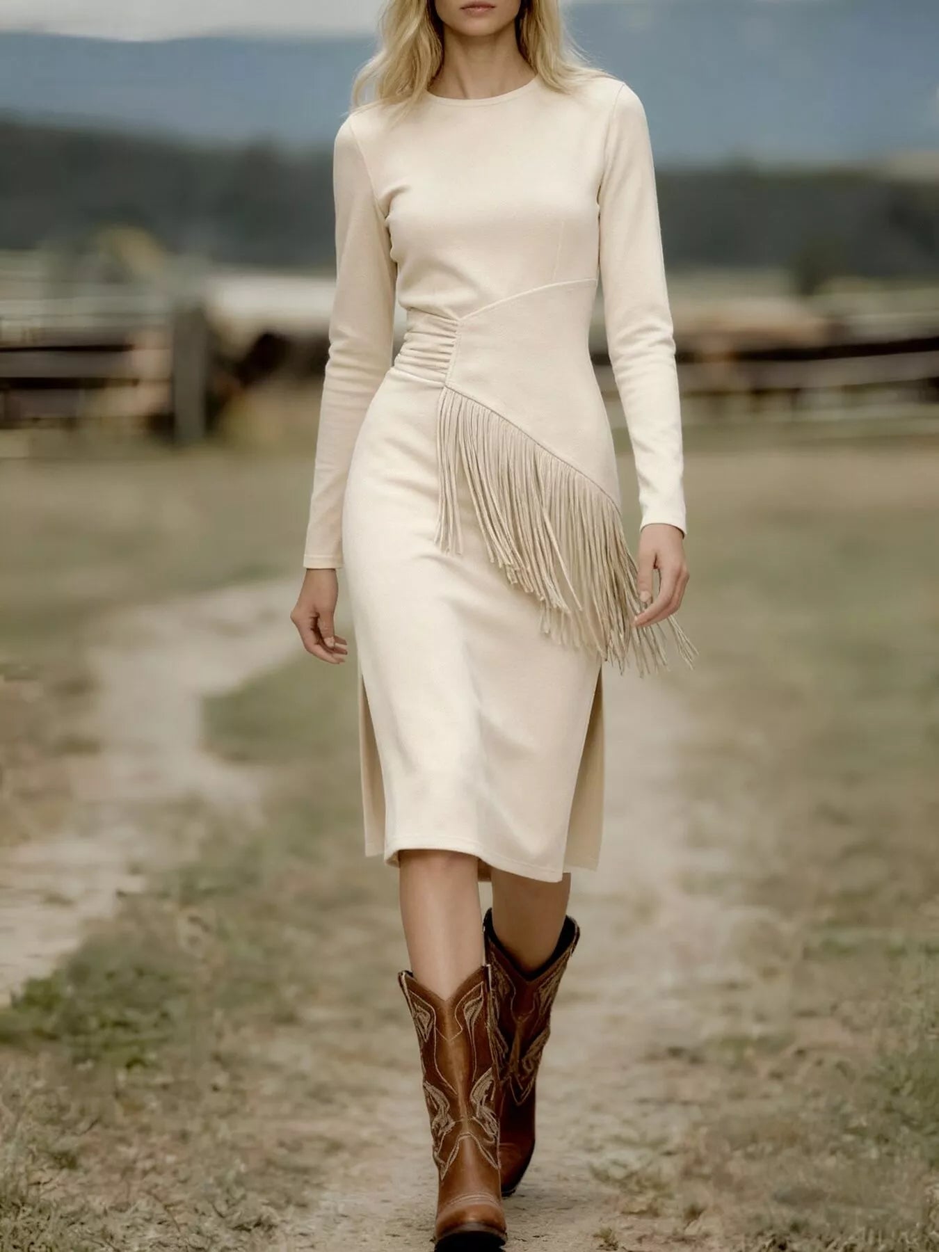 Suede Fringe Long Sleeve Midi Dress