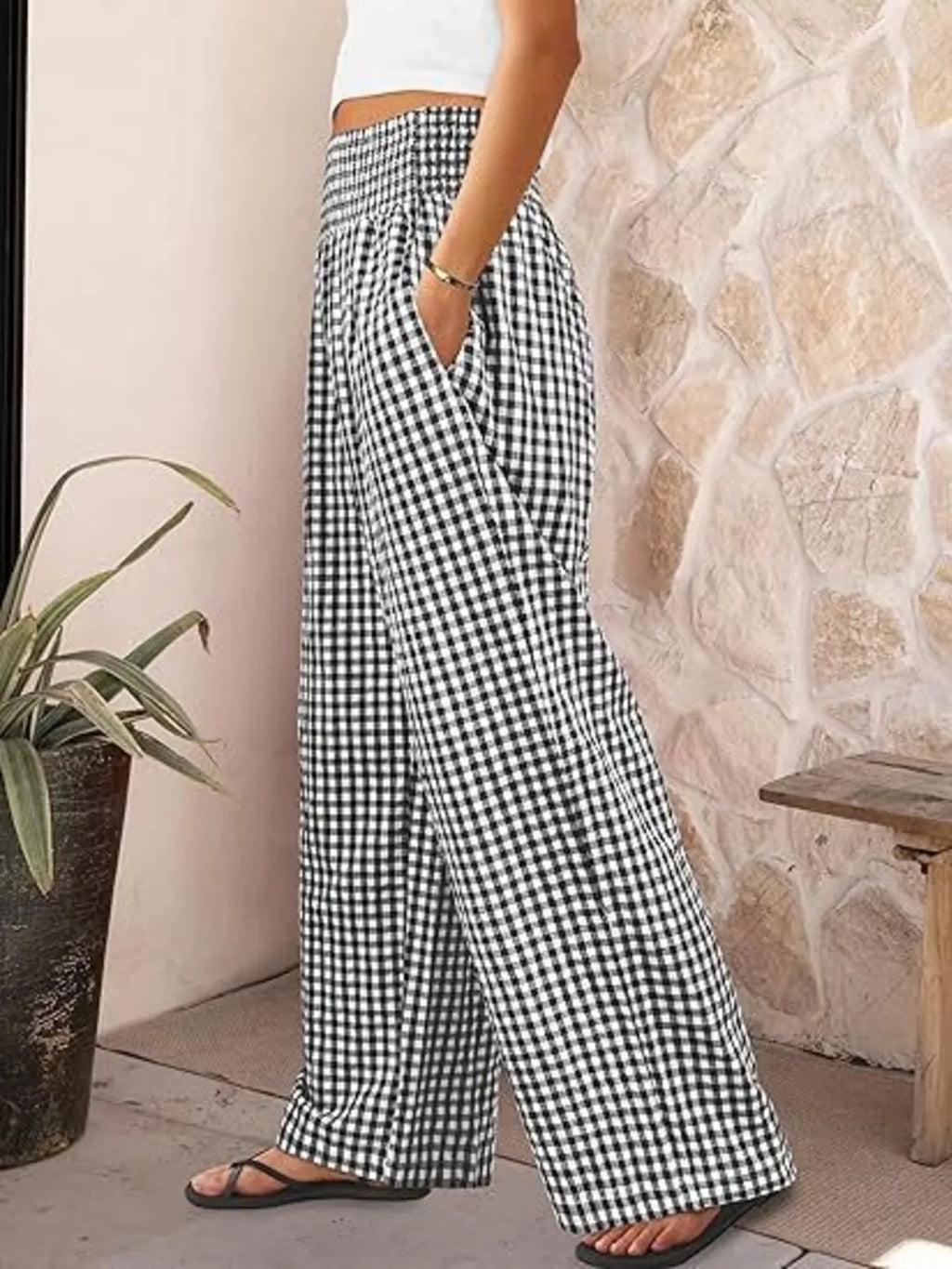 Gingham Wide-Leg Pants