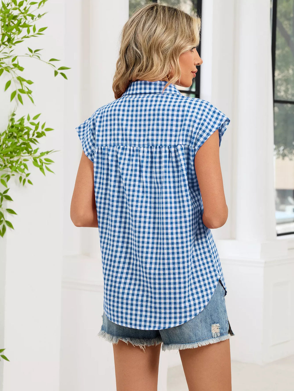 Plaid Button Up Cap Sleeve Shirt