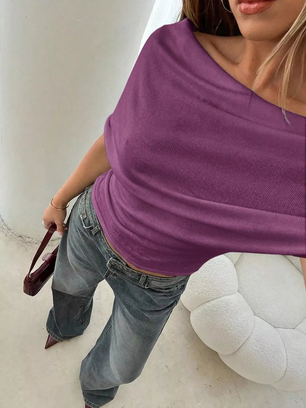 Off-Shoulder Ruched Knit T-Shirt