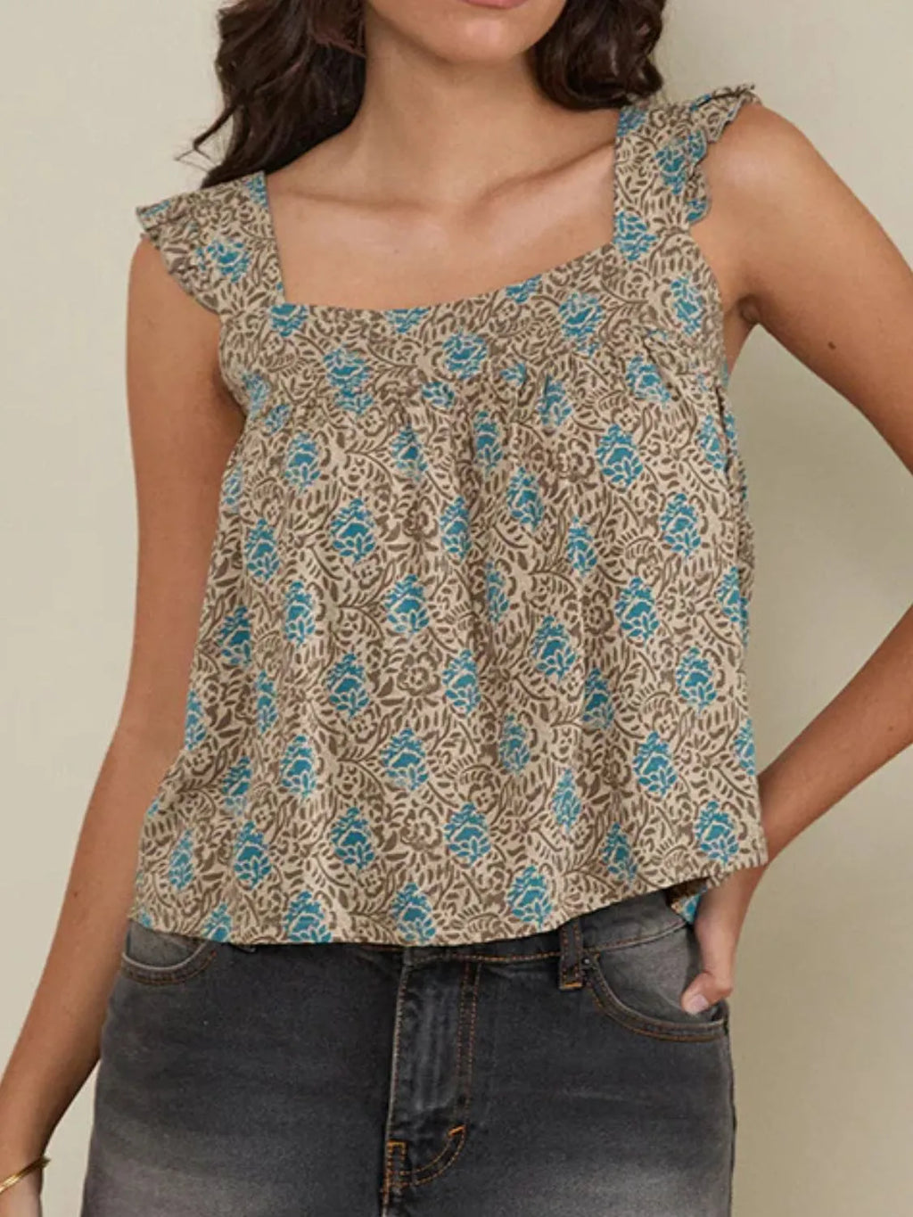 Ruffled Plaid Square Neck Tank