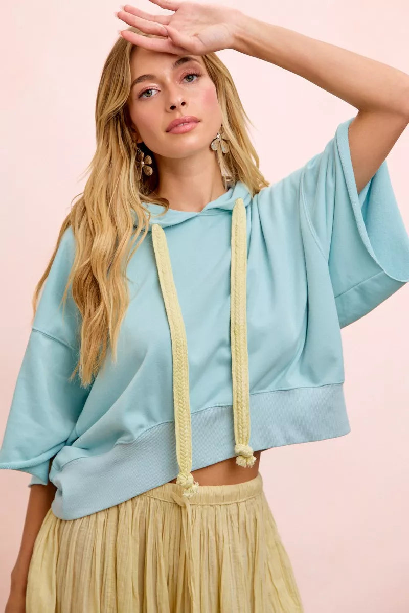 BiBi Washed Terry Short Sleeve Drawstring Hoodie Top