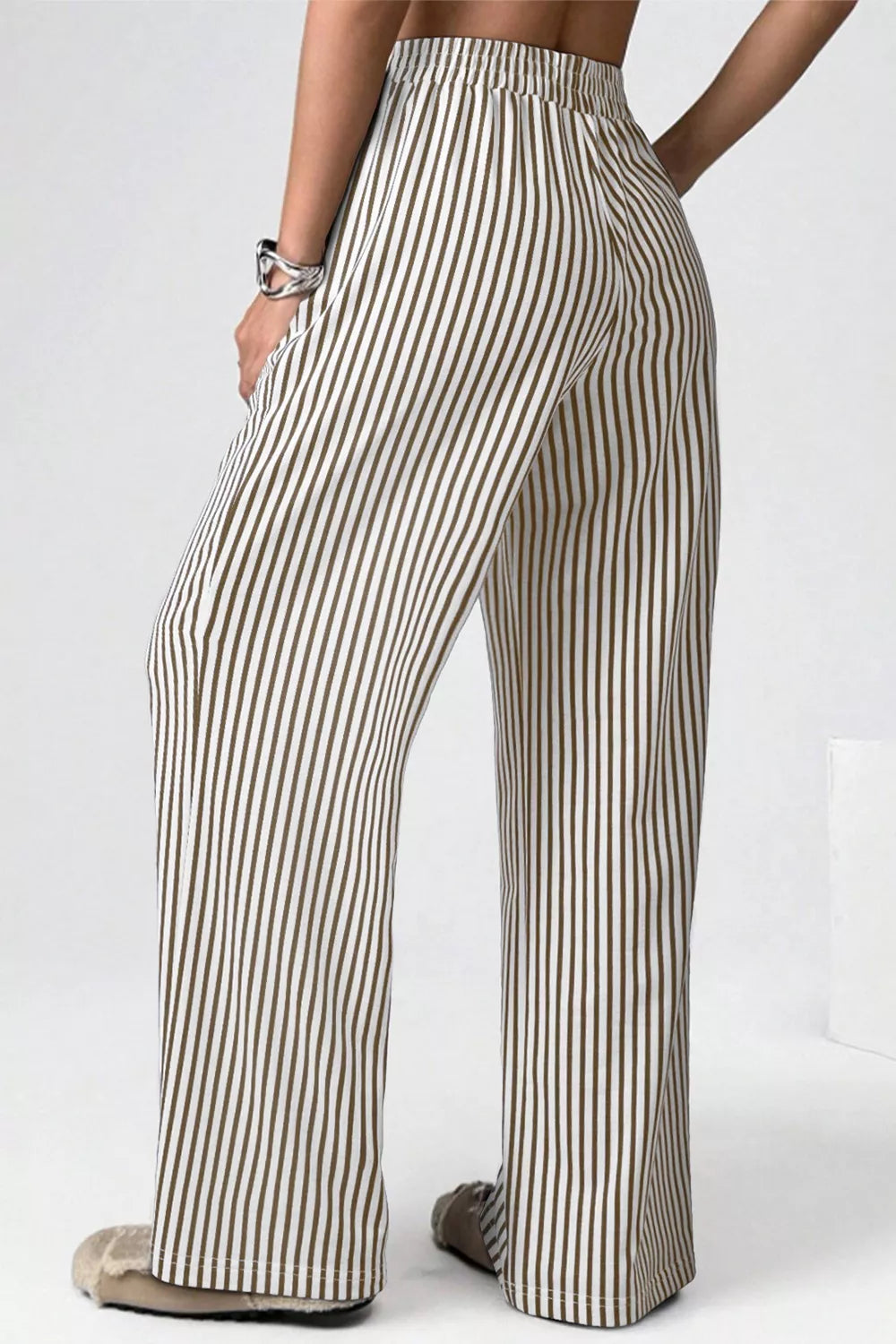 Stripe Elastic High Waist Pocketed Loose Pants
