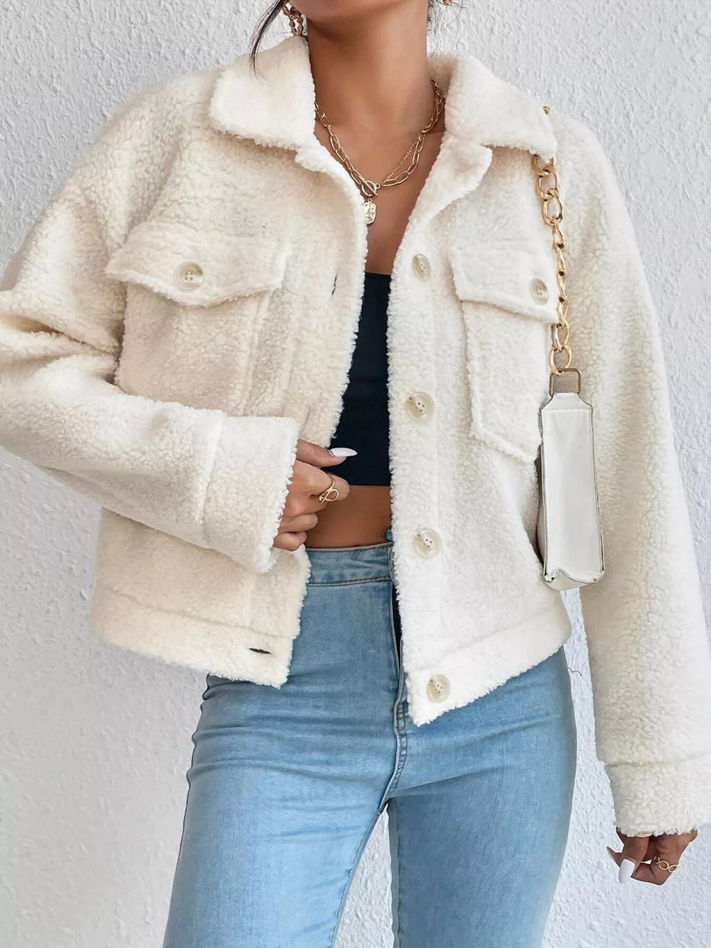 Full Size Cozy Faux Shearling Button-Up Jacket Plus Size