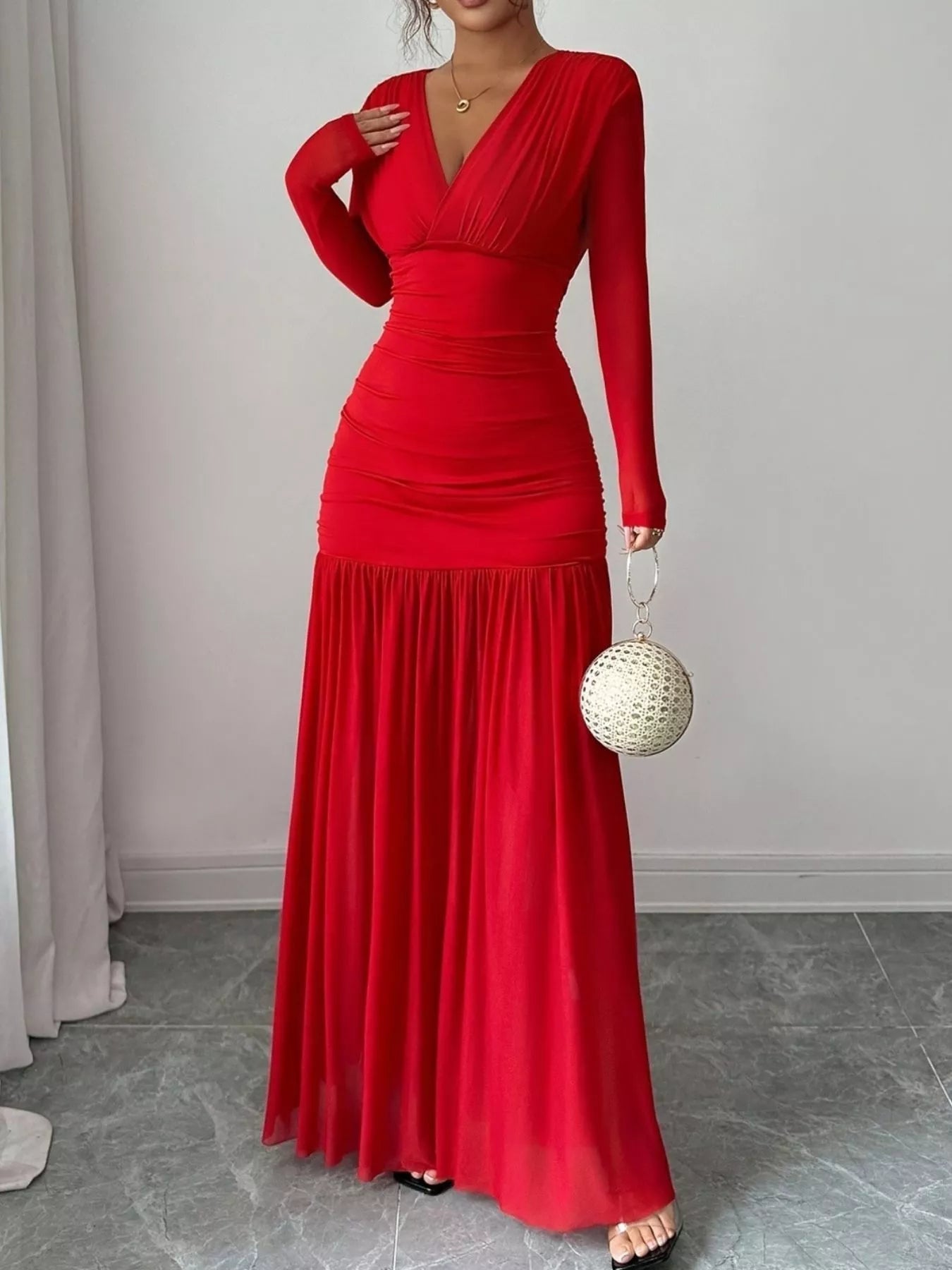 Ruched Surplice Long Sleeve Maxi Dress