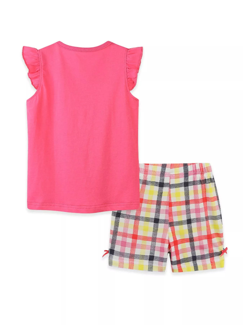 Children's Cartoon Graphic Ruffle Trim Tee & Plaid Shorts Set