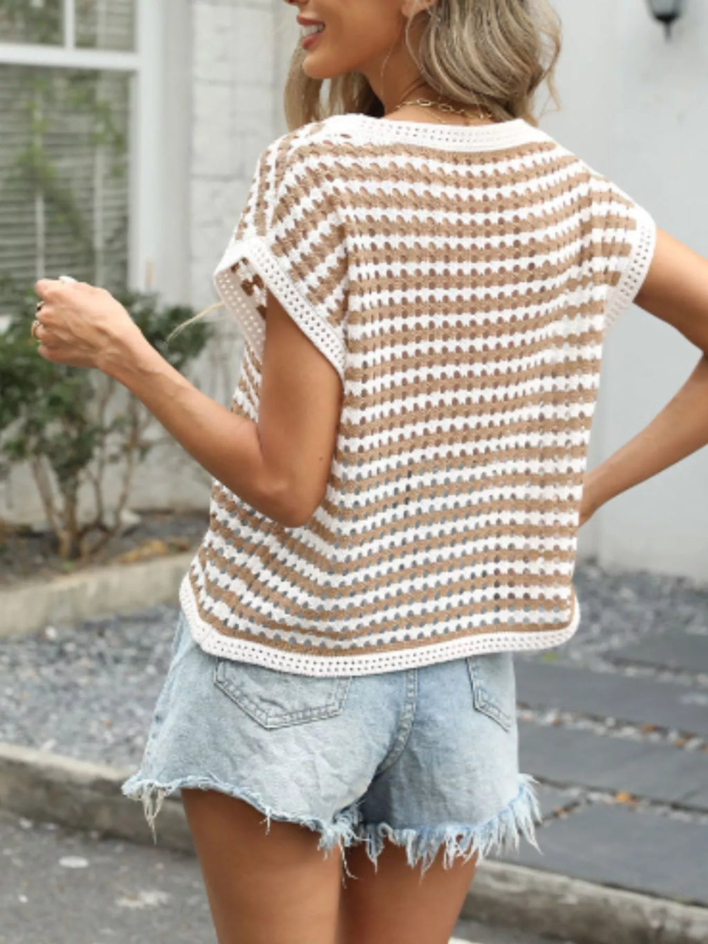 Striped Short Sleeve Crochet Knit Top