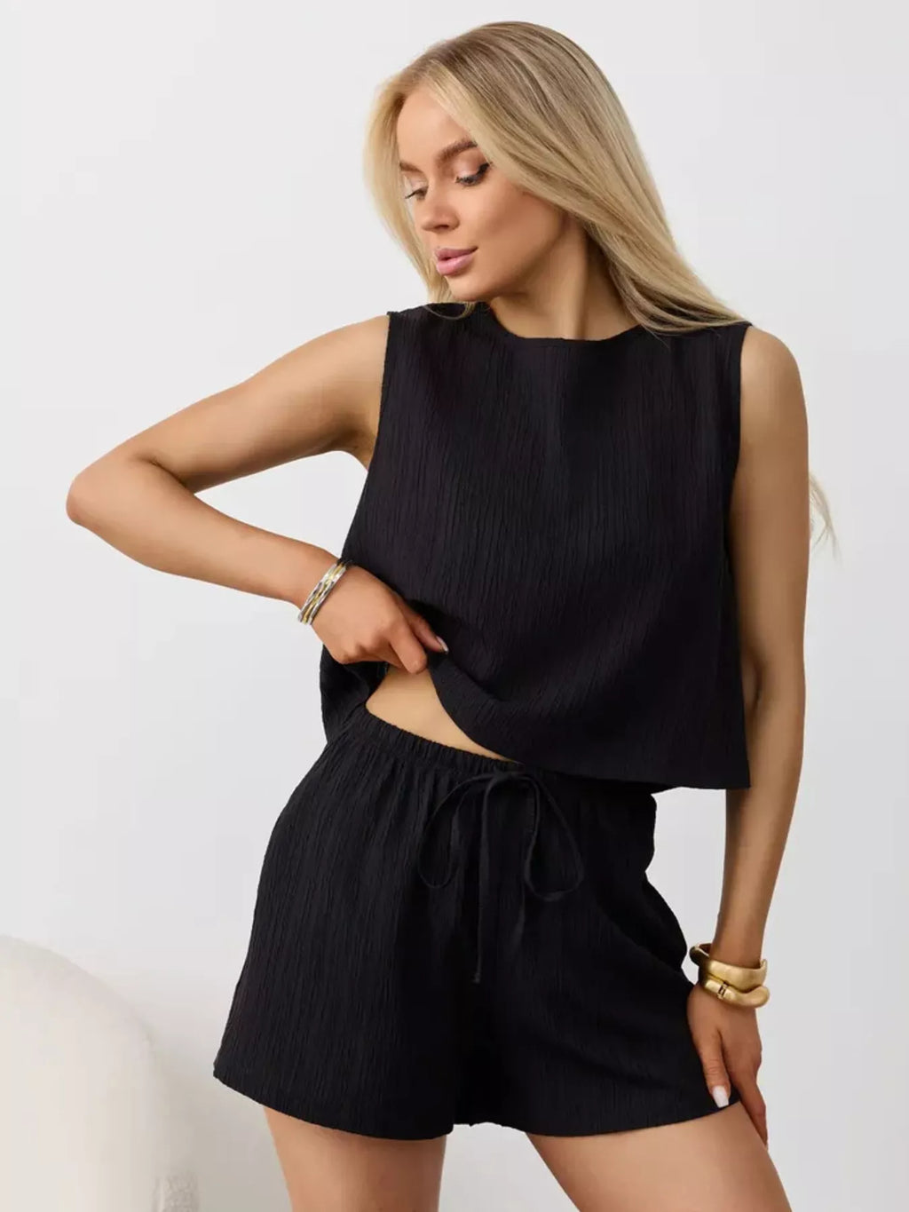 Textured Round Neck Tank and Shorts Set