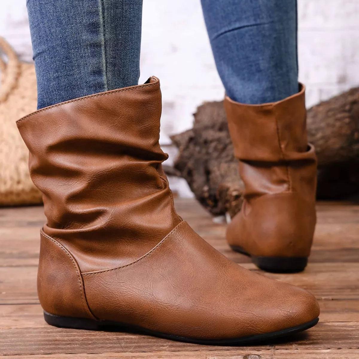 Flat Ankle Boots with Wrinkled Design