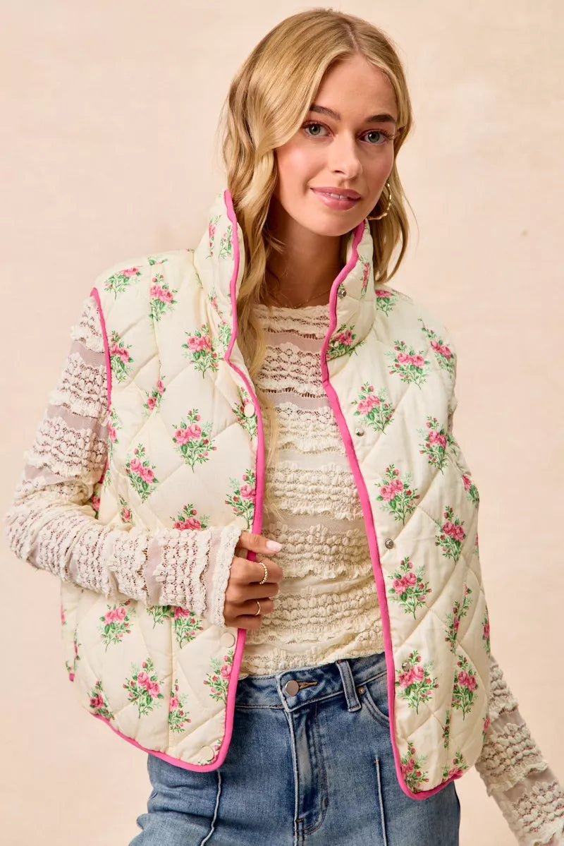 BiBi Floral Print Piping Detail Quilted Vest