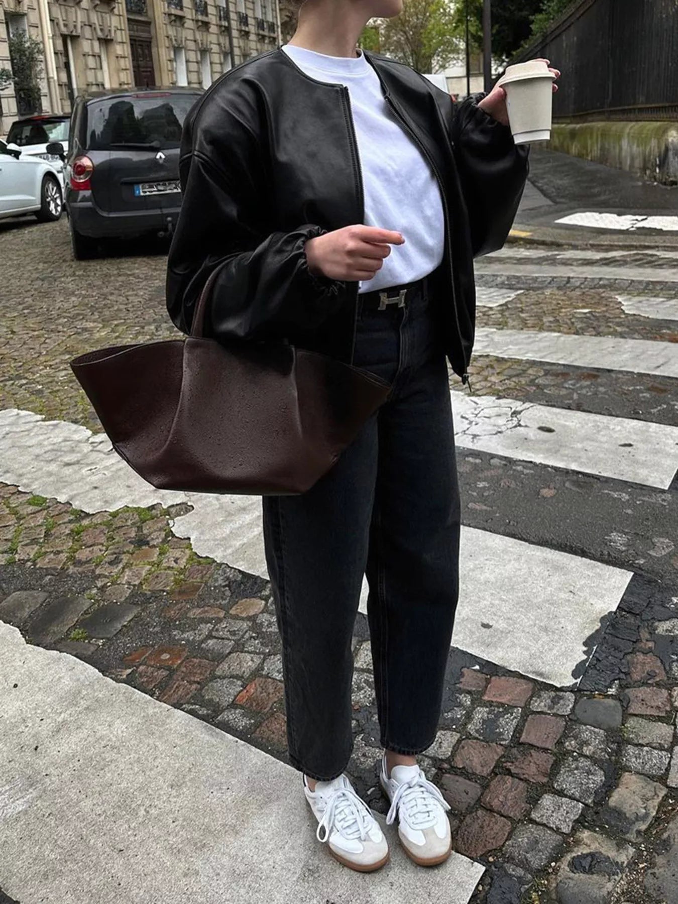 Zip Up Leather Bomber Jacket