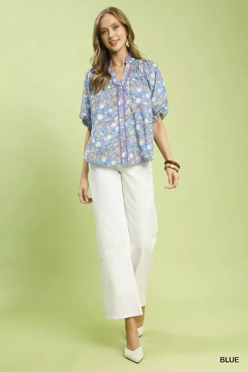 Umgee Smocked Floral Ruffle Trim Top