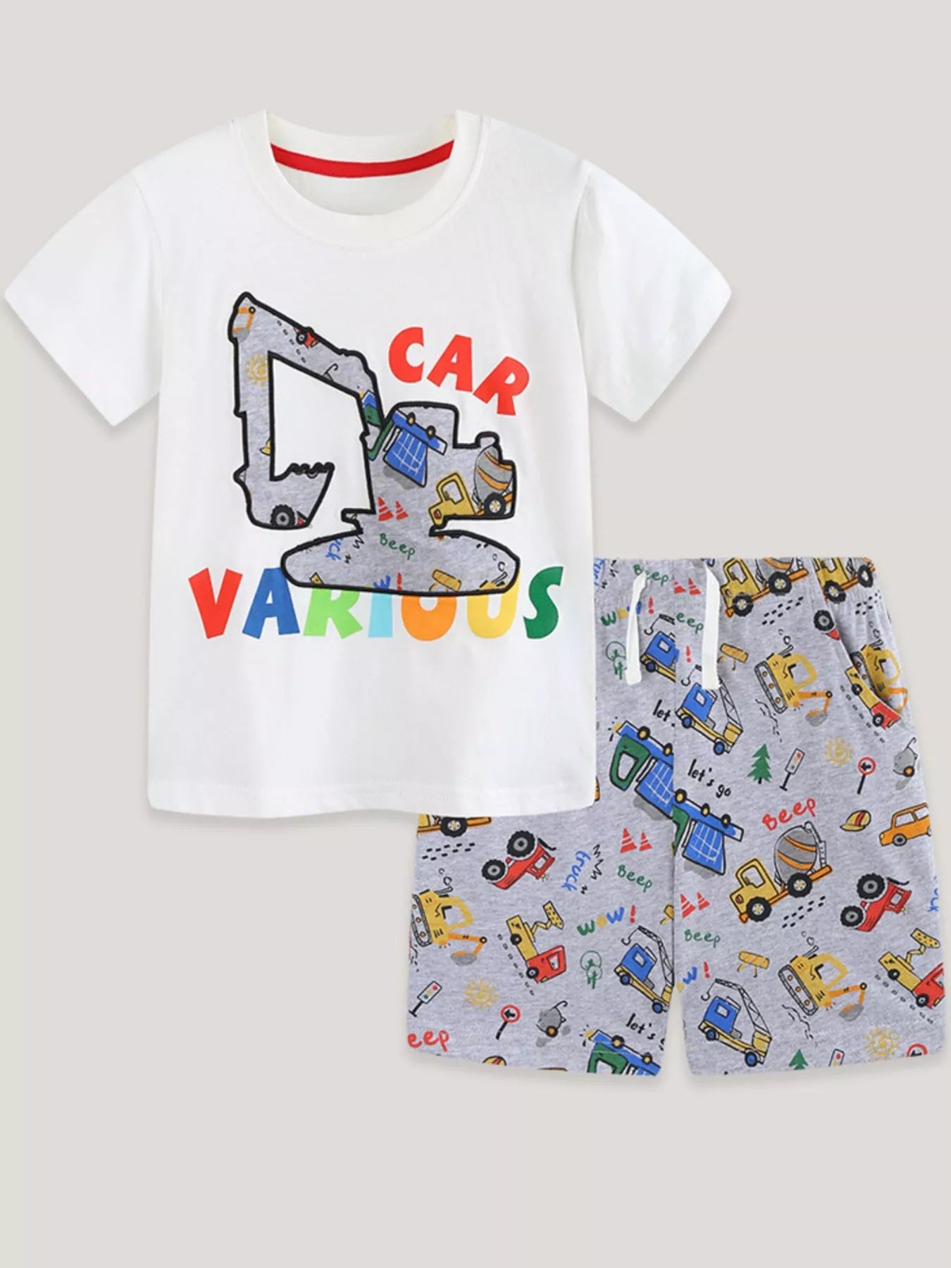 Children's Cartoon Car Print Short Sleeve Tee and Shorts Set