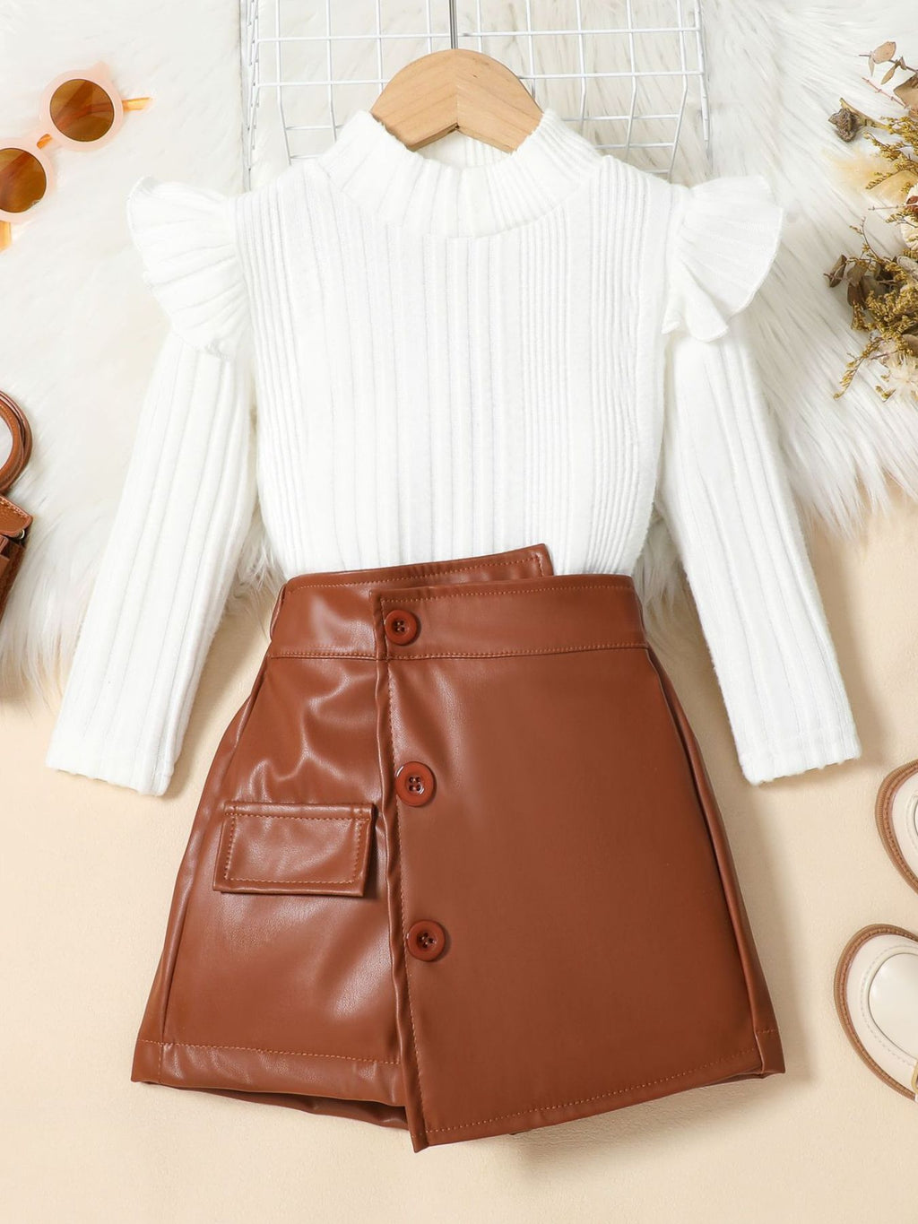 Children's Ribbed Knit Top and Leather Skirt Set