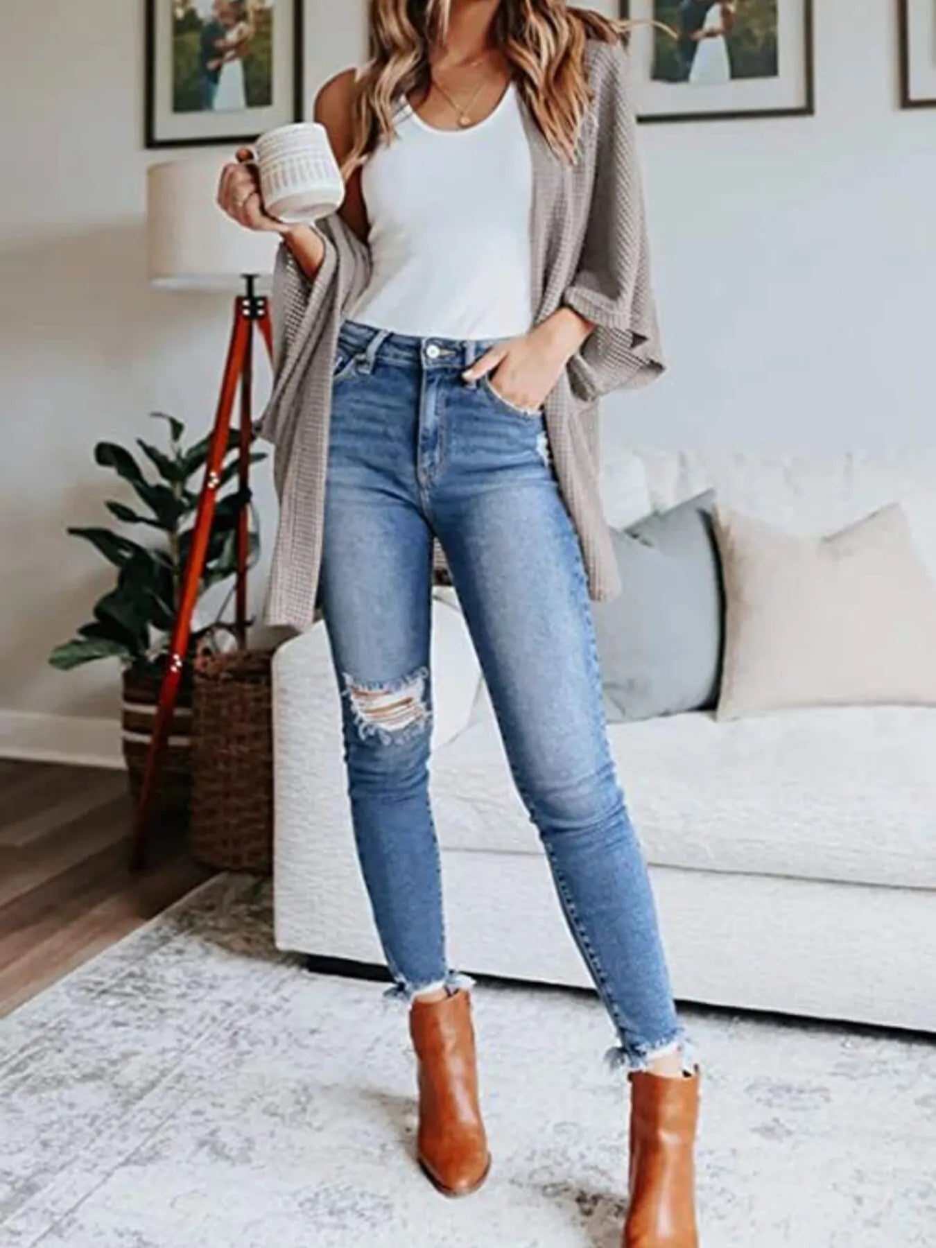 Full Size Open Front Waffle Knit Cardigan Plus Size