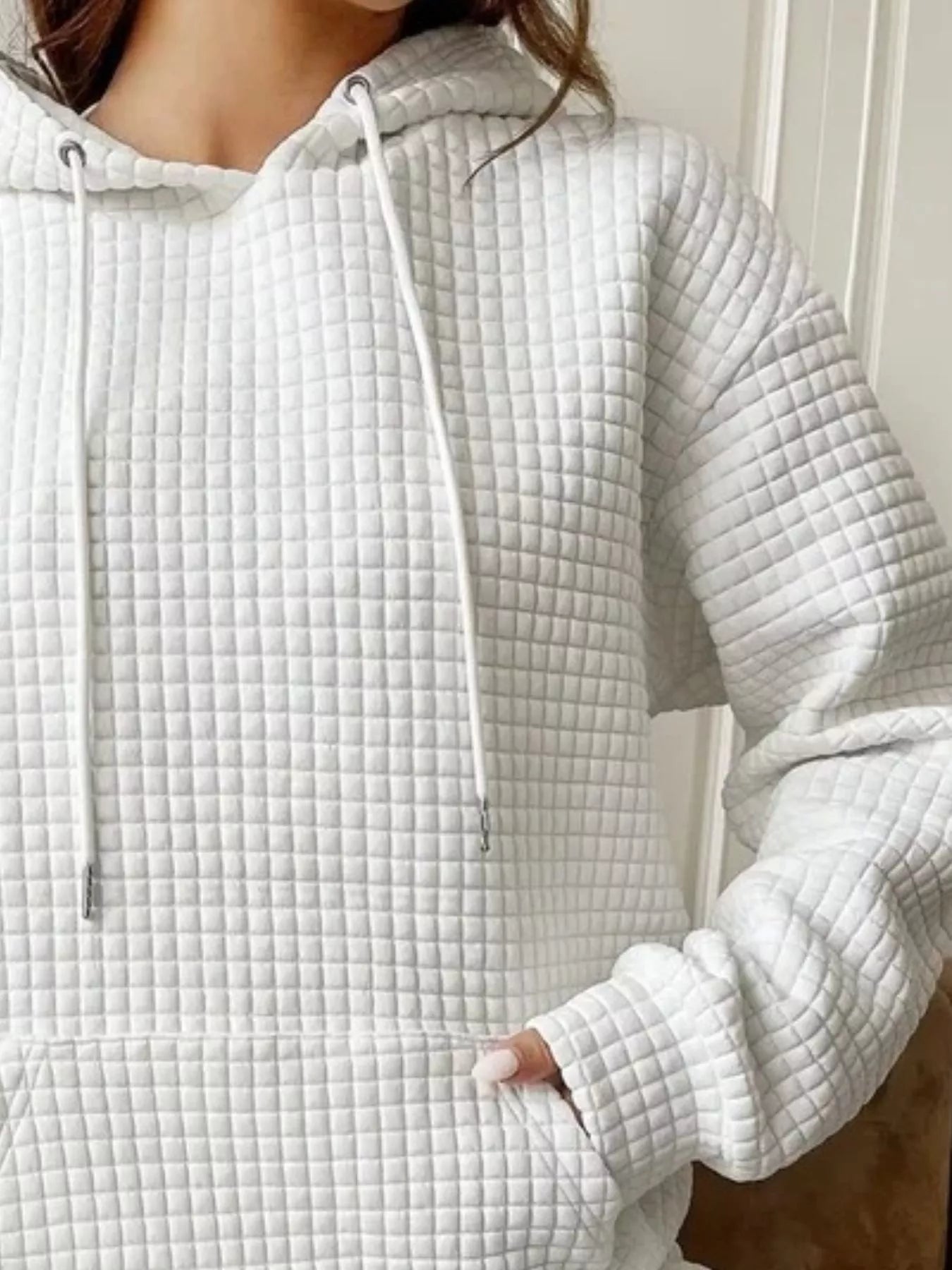 Waffle Knit Hoodie with Drawstring Details